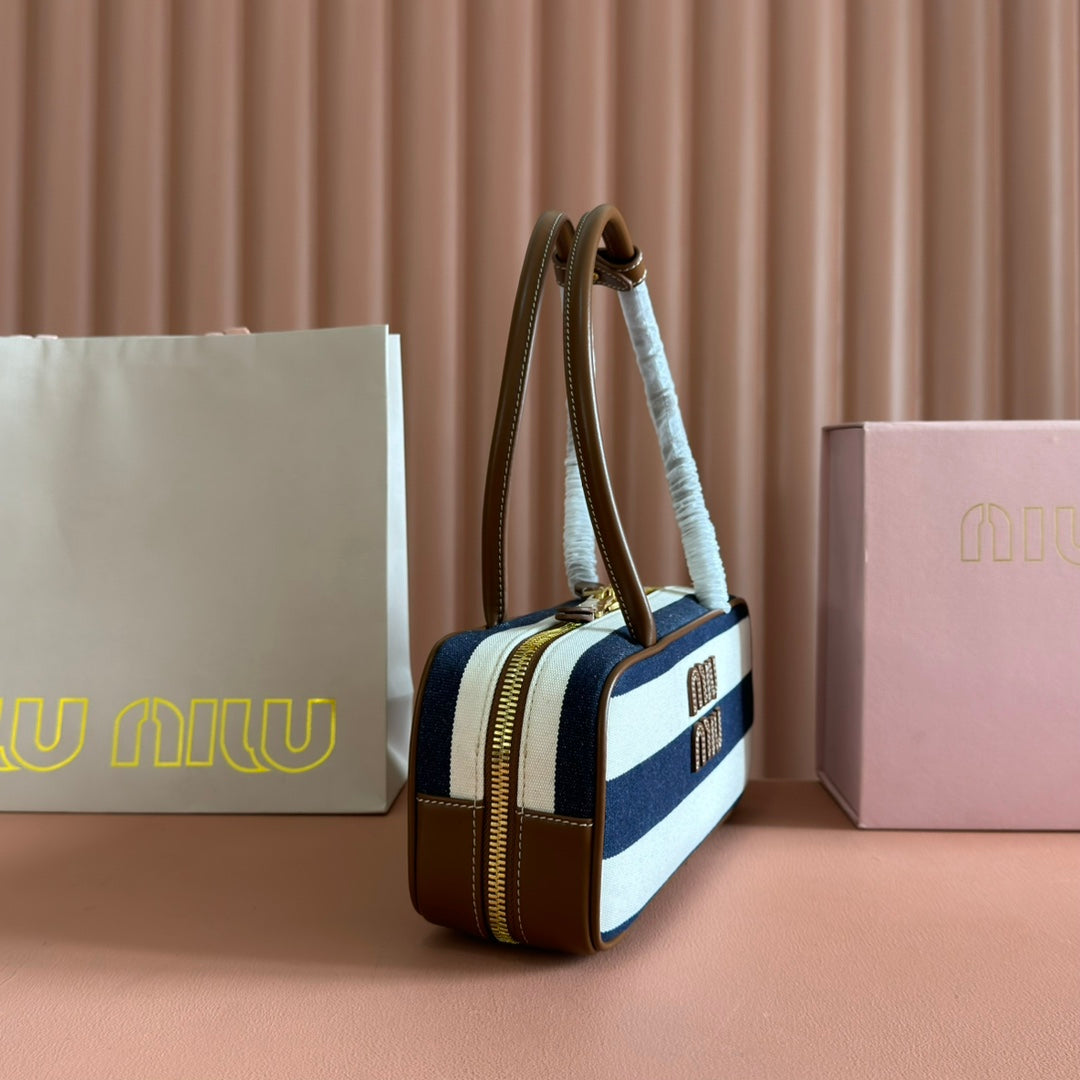 Miu Beau Small Bag 28cm Soft Beige Mix Dark Navy Blue Brown Cotton Cowhide 257951