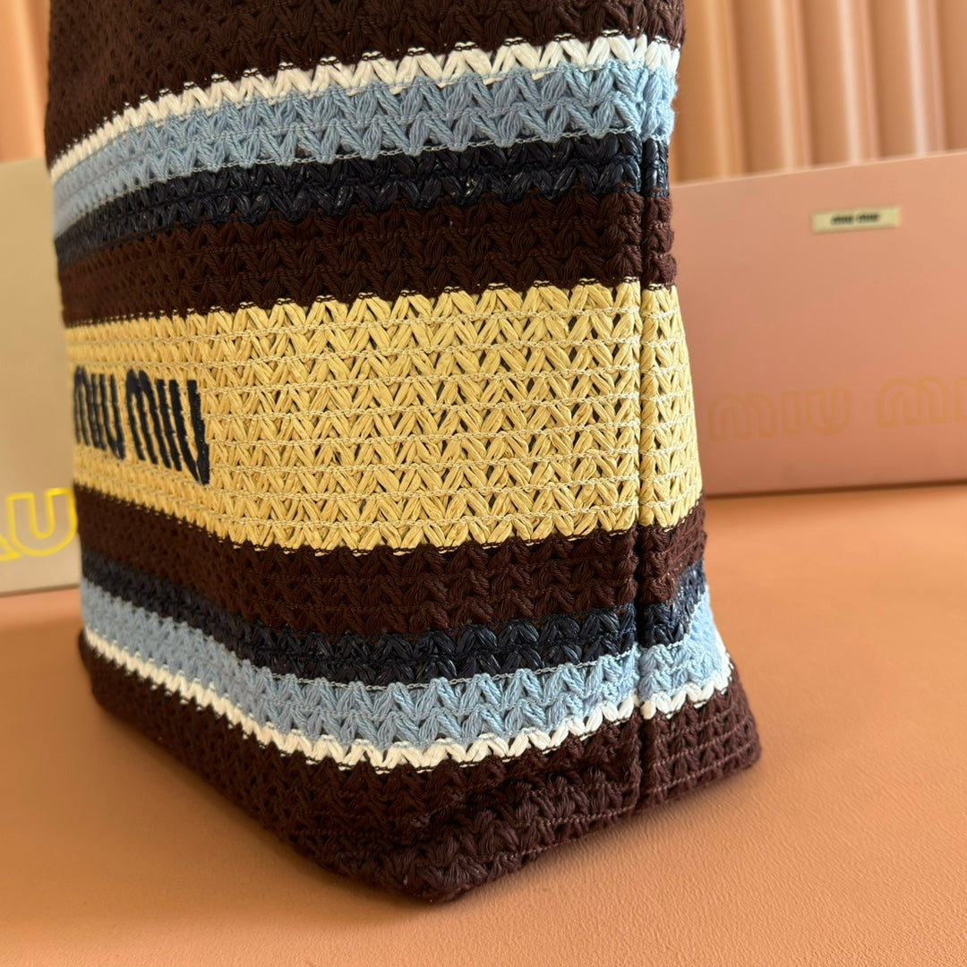 Miu Tote Bag 40cm Beige Brown Blue Raffia-Effect Woven 285416