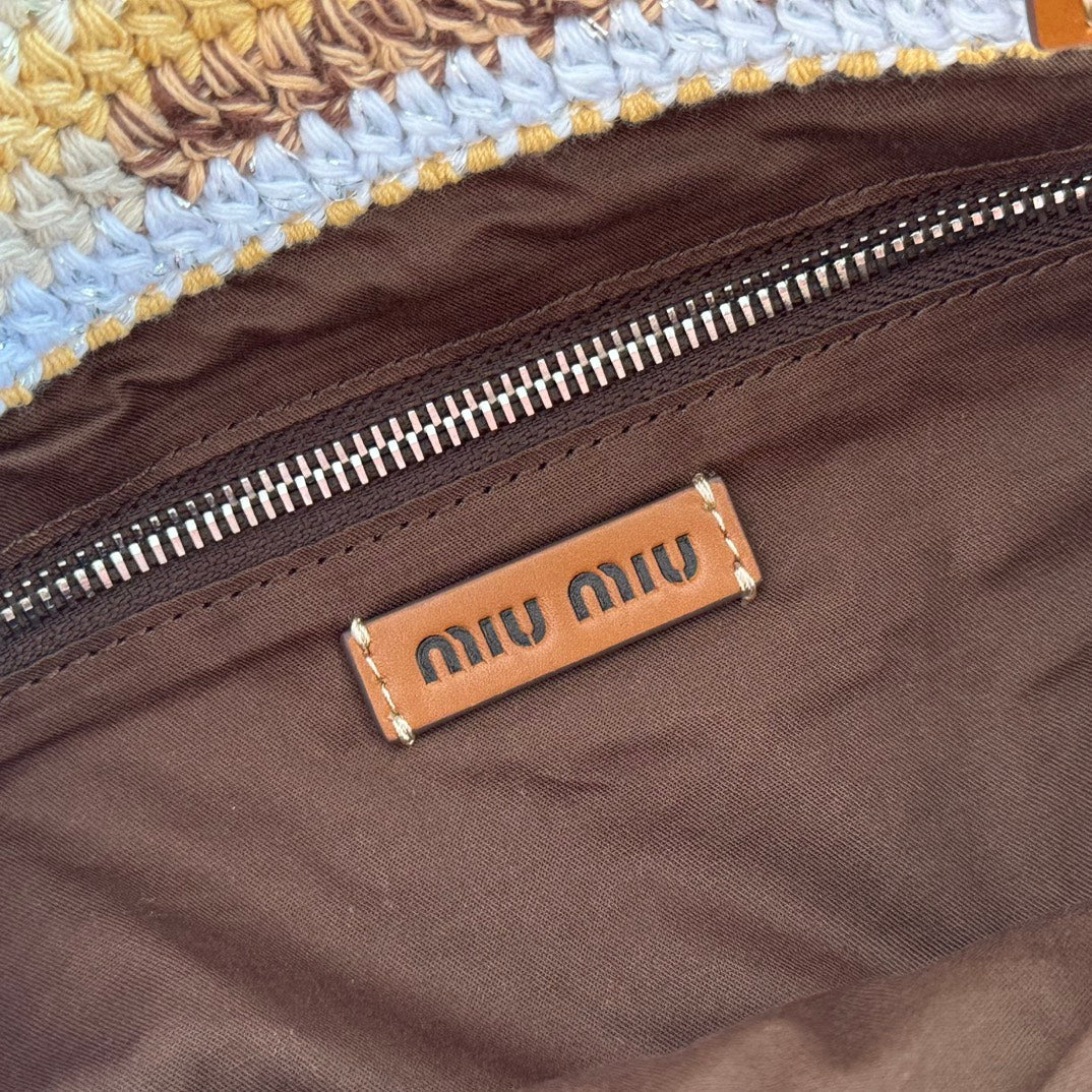 Miu Crochet Tote Bag 30x38 Beige Colorful Raffia-Effect Woven 285253