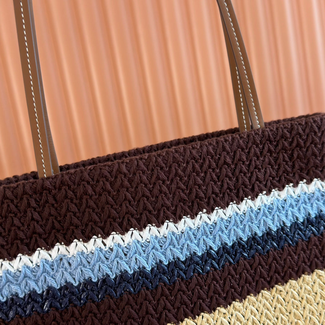 Miu Crochet Tote Bag 30x38 Beige Brown Raffia-Effect Woven 285266