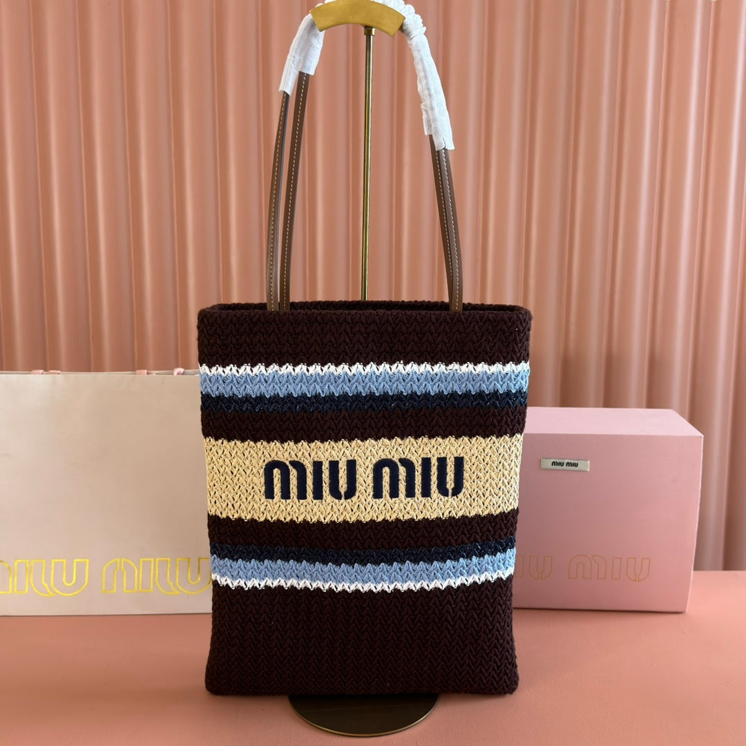 Miu Crochet Tote Bag 30x38 Beige Brown Raffia-Effect Woven 285266