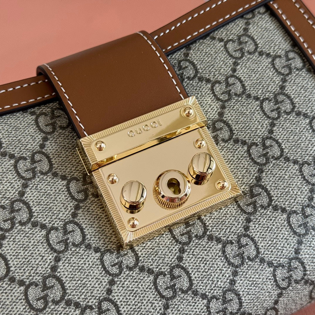 GG Padlock Small Top Handle Bag Beige Brown Leather Canvas