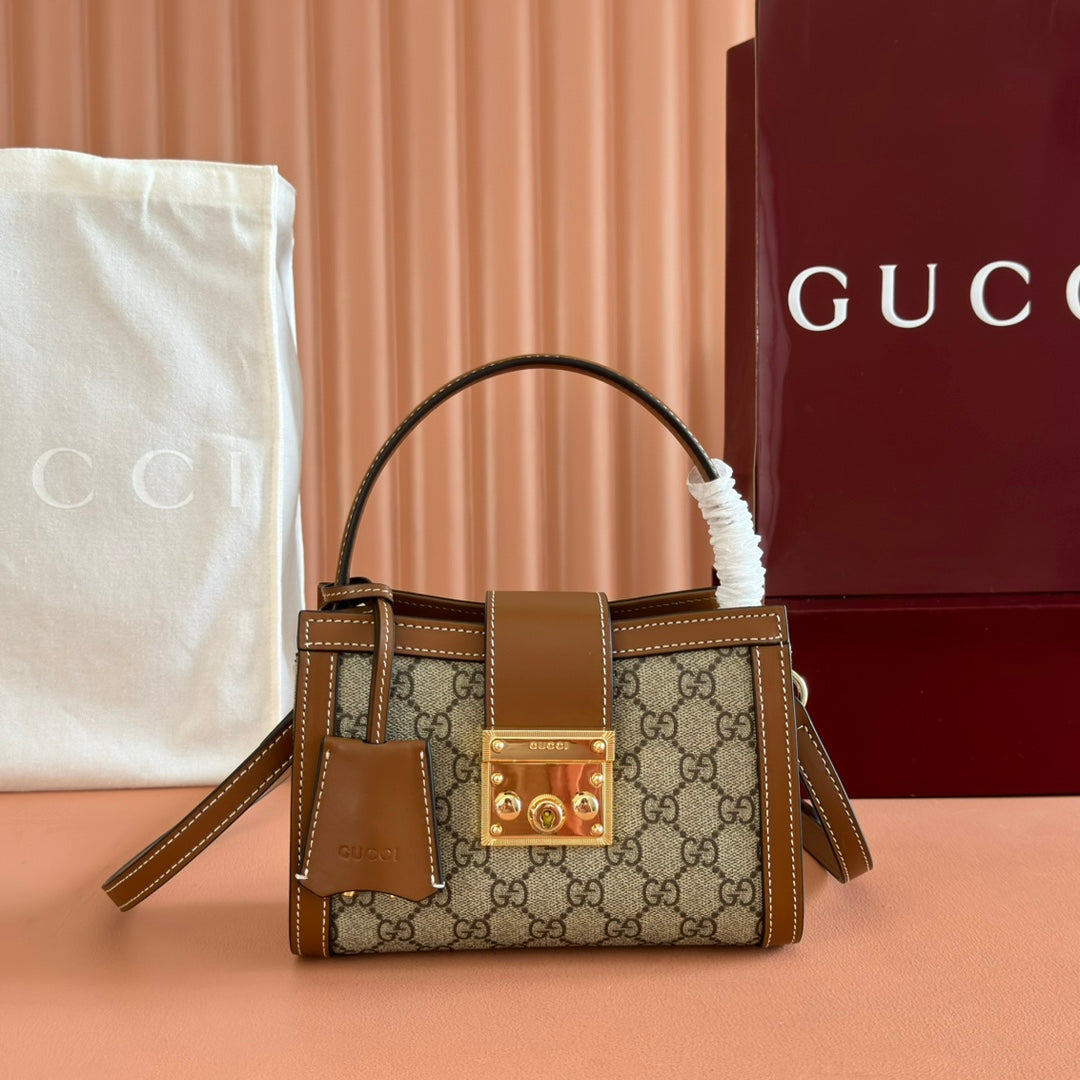 GG Padlock Small Top Handle Bag Beige Brown Leather Canvas