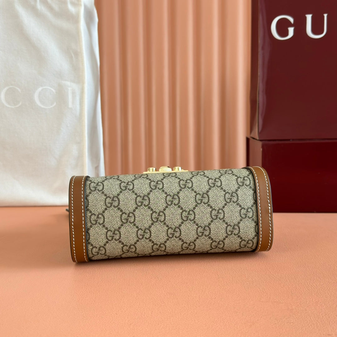 GG Padlock Small Top Handle Bag Beige Brown Leather Canvas