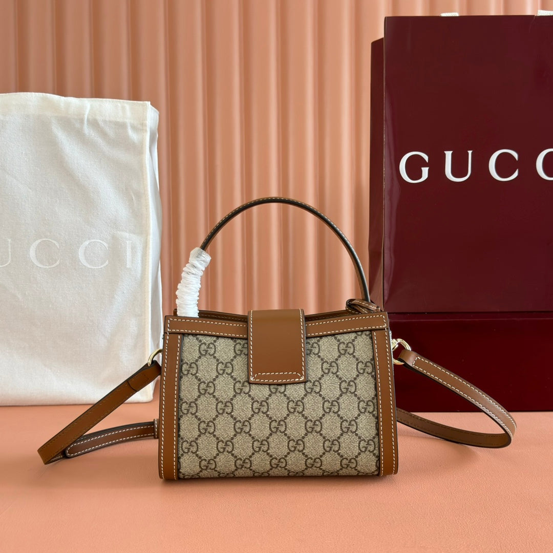 GG Padlock Small Top Handle Bag Beige Brown Leather Canvas