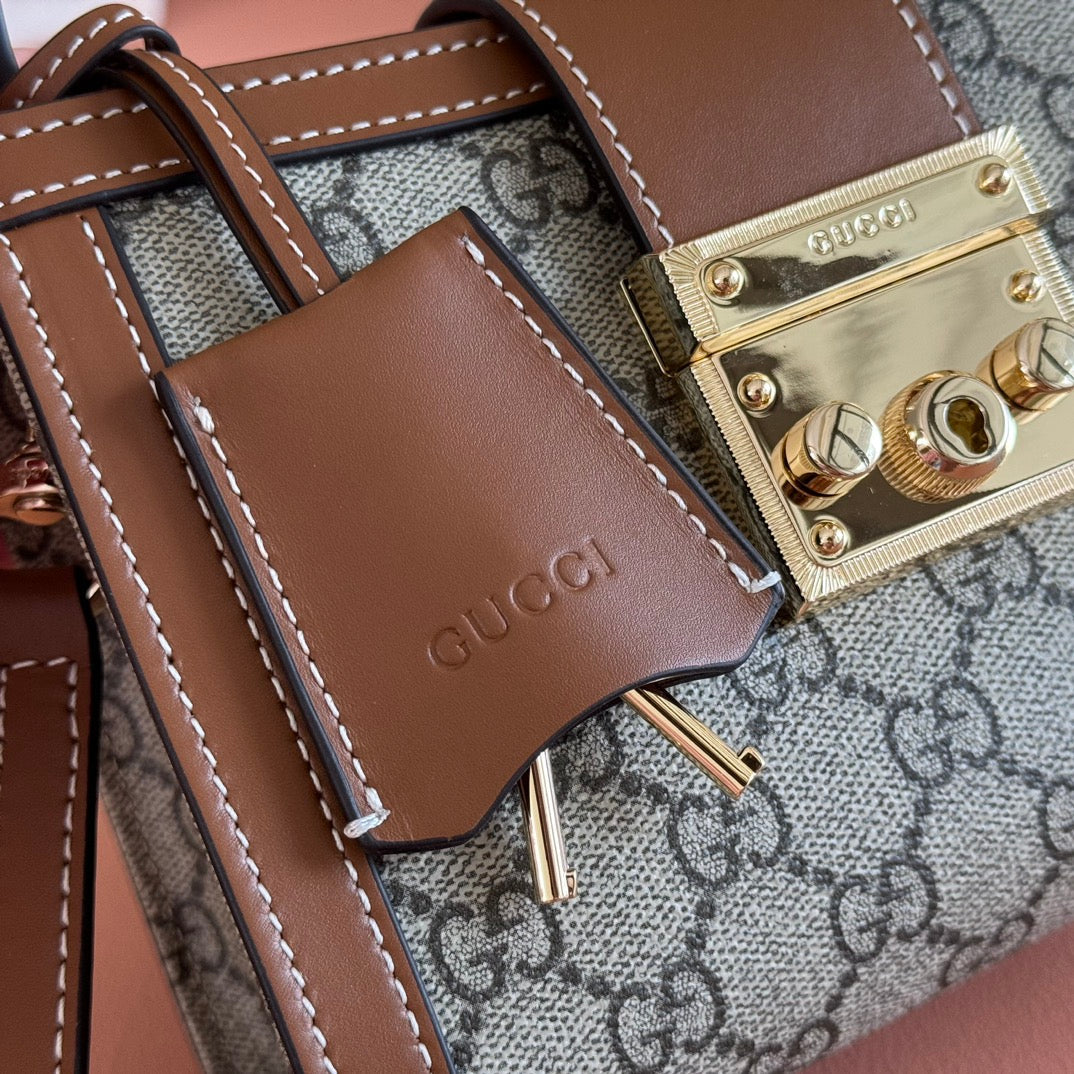 GG Padlock Small Top Handle Bag Beige Brown Leather Canvas