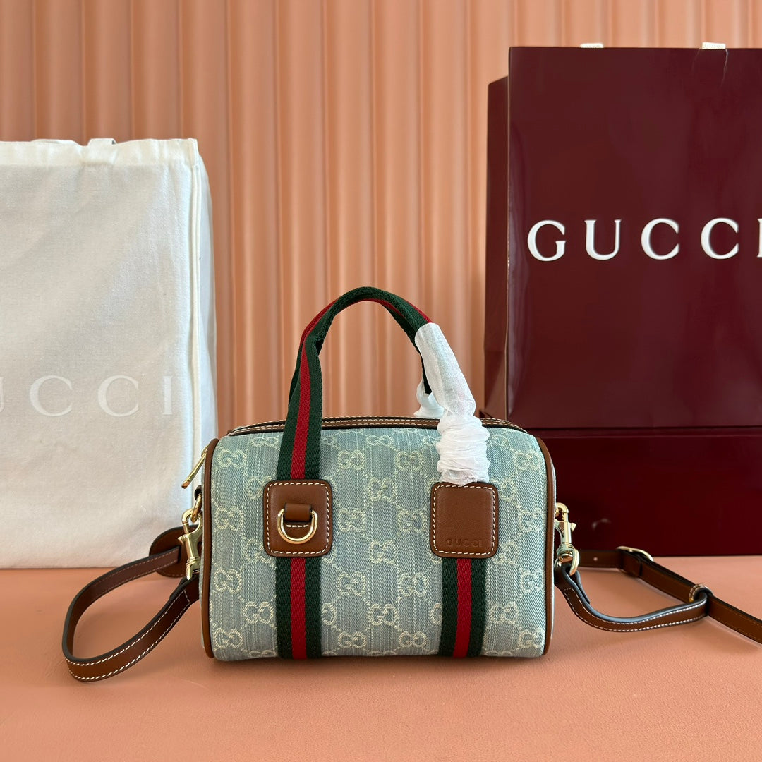 Gucci Boston Bag 20 Blue White Denim Fabric 271893