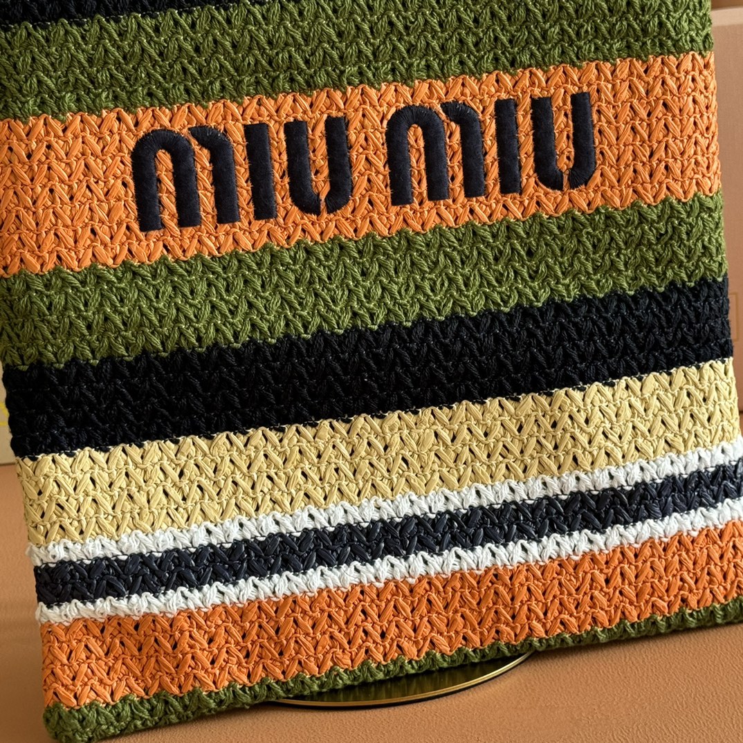 Miu Crochet Tote Bag 30x38 Orange Blue Raffia-Effect Woven 285273