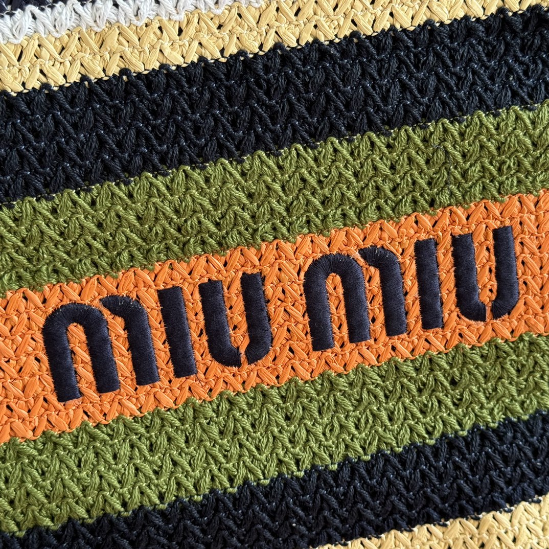Miu Crochet Tote Bag 30x38 Orange Blue Raffia-Effect Woven 285273