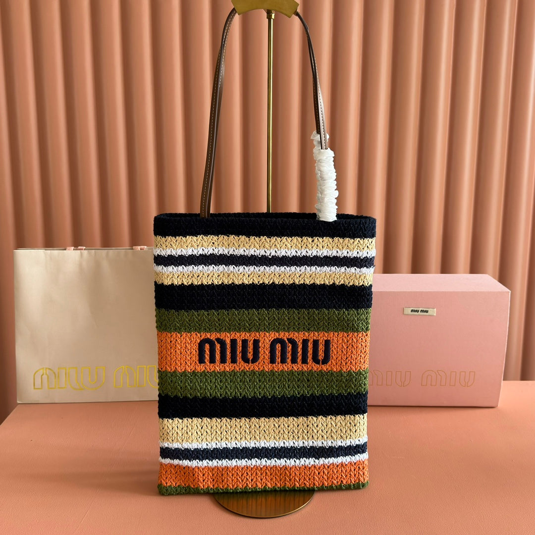 Miu Crochet Tote Bag 30x38 Orange Blue Raffia-Effect Woven 285273