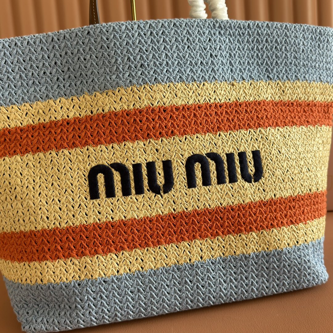 Miu Tote Bag 40cm Beige Blue Red Raffia-Effect Woven 285422
