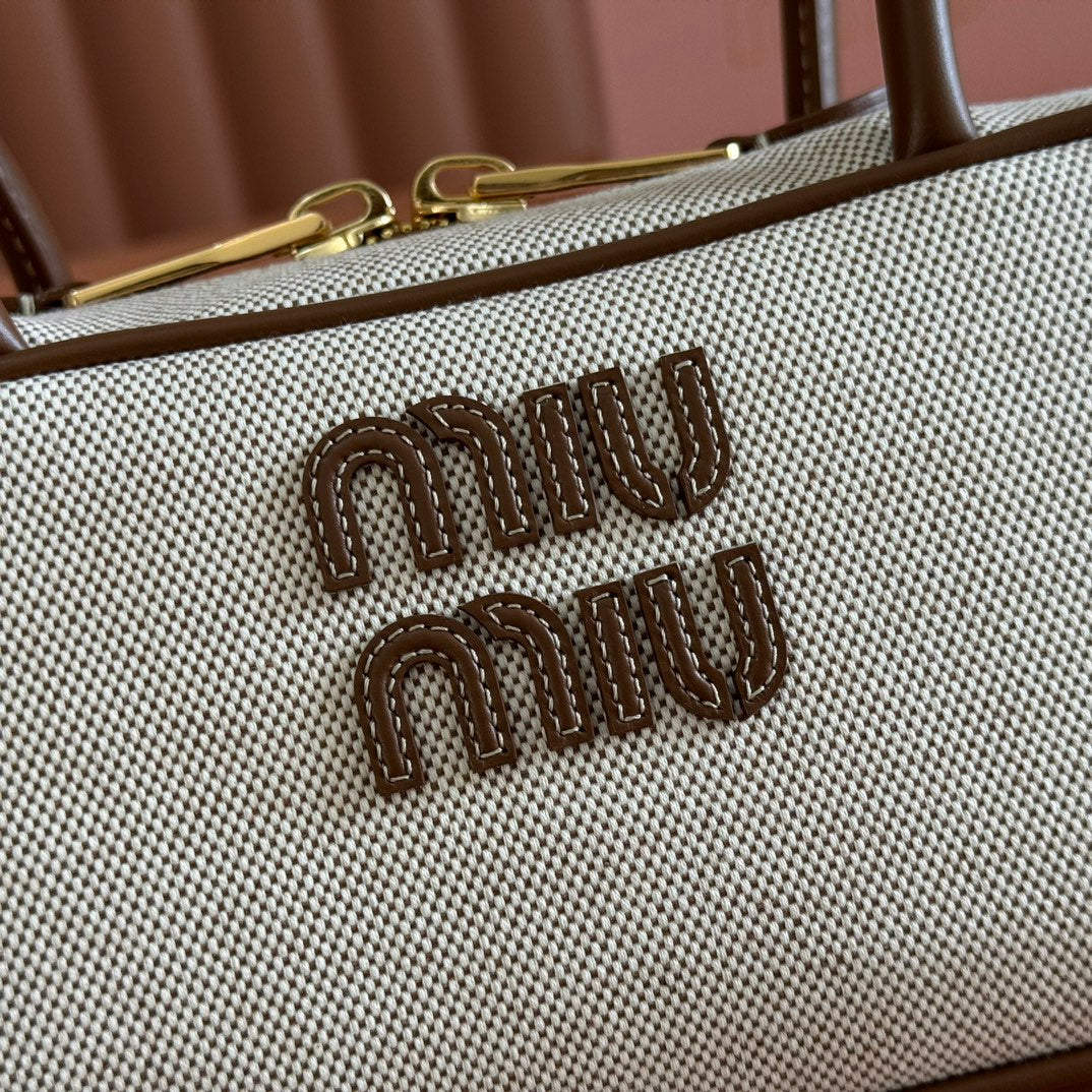 Miu Beau Small Bag 28cm Soft Beige Cotton Brown Cowhide 257964
