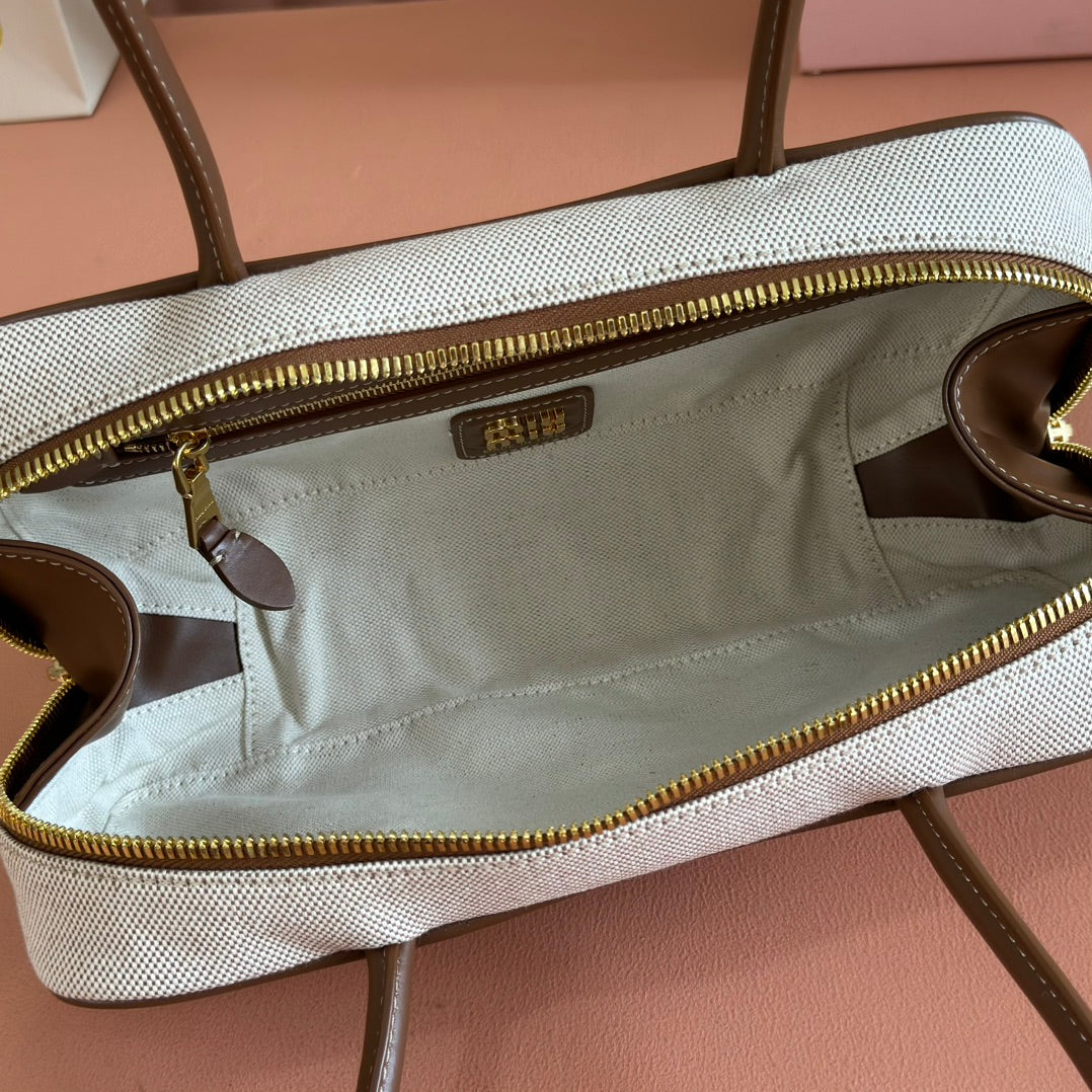 Miu Beau Small Bag 28cm Soft Beige Cotton Brown Cowhide 257964