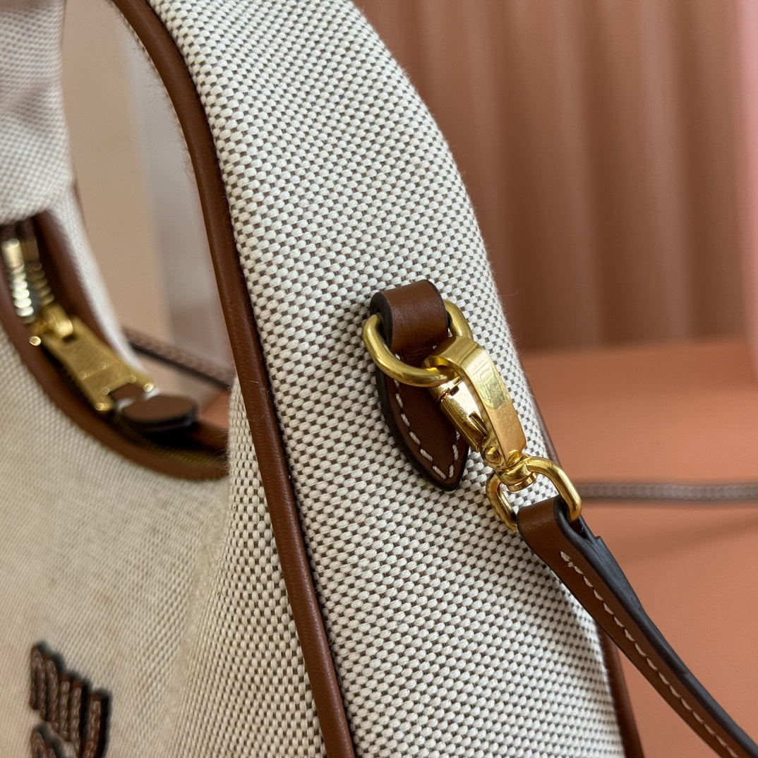 Miu Wander Tote Bag 20cm Soft Beige Cotton Brown Cowhide 257967