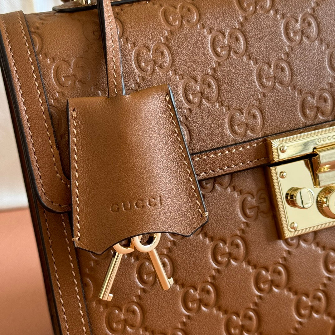 GG Padlock Handbag 26cm Brown GG Pattern Leather