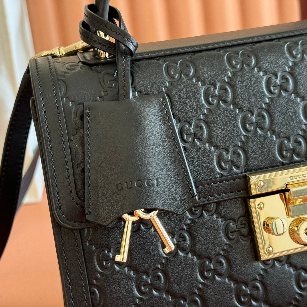 GG Padlock Handbag 26cm Black GG Pattern Leather