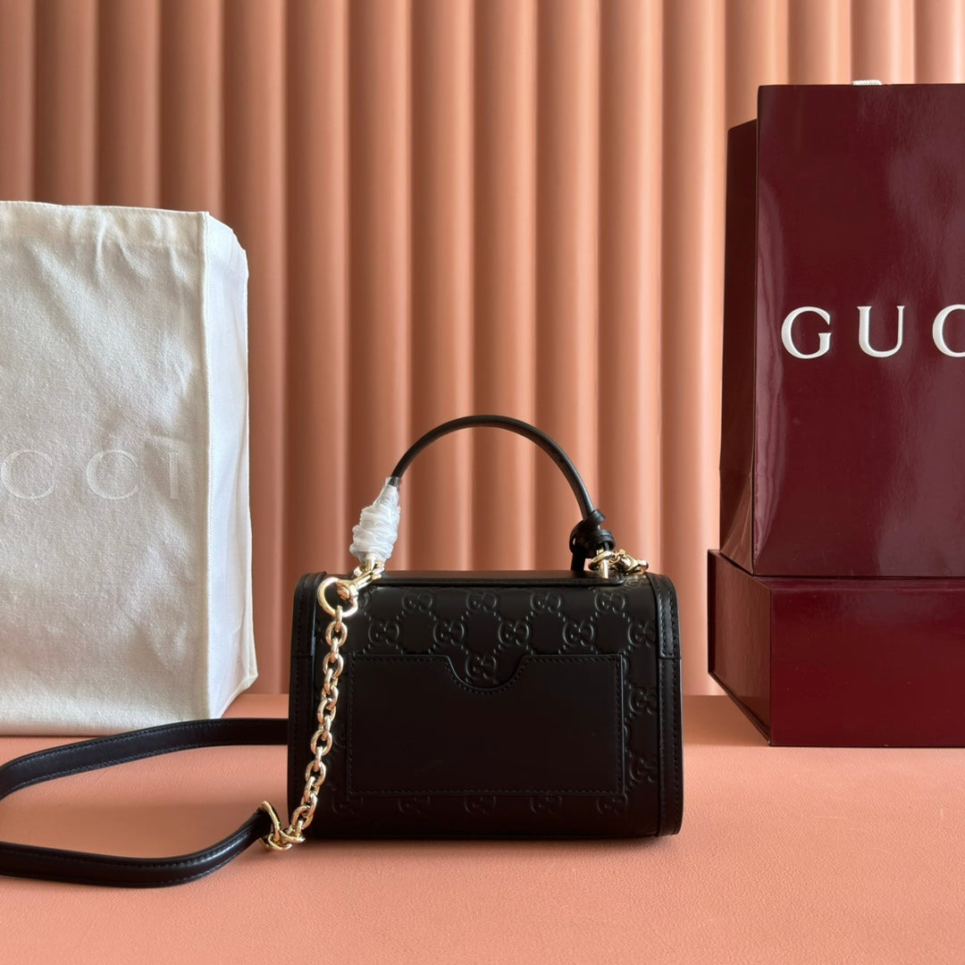 GG Padlock Handbag 20cm Black GG Pattern Leather