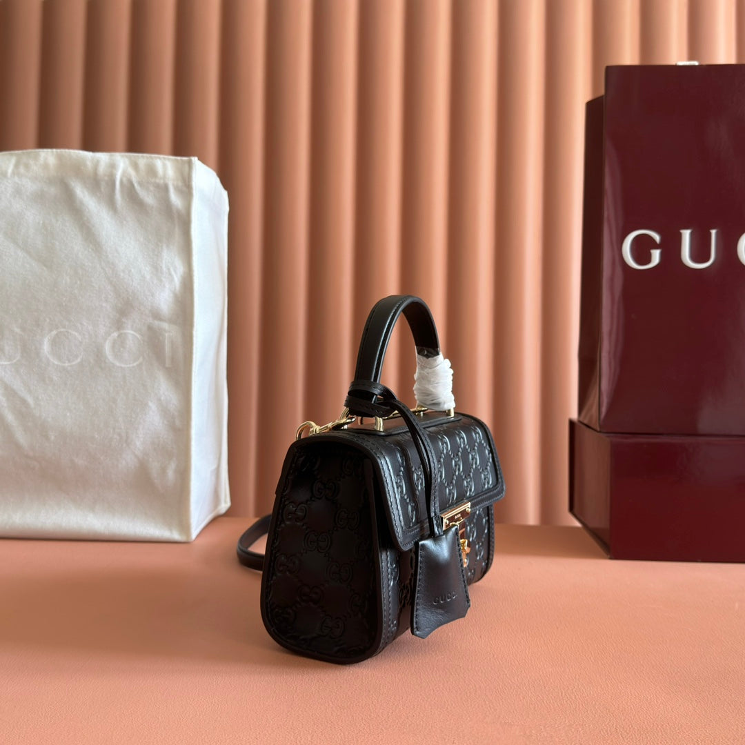 GG Padlock Handbag 20cm Black GG Pattern Leather