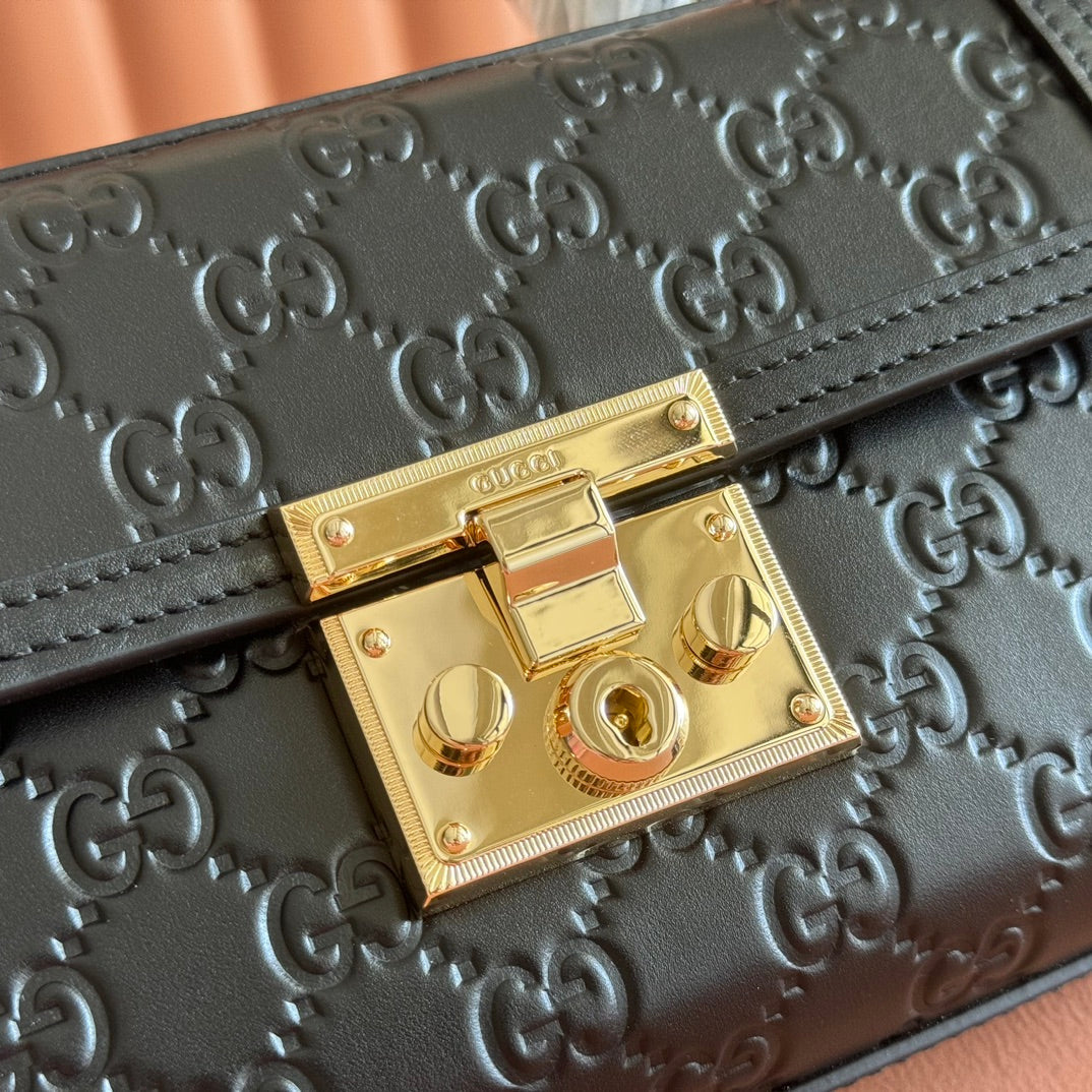 GG Padlock Handbag 20cm Black GG Pattern Leather