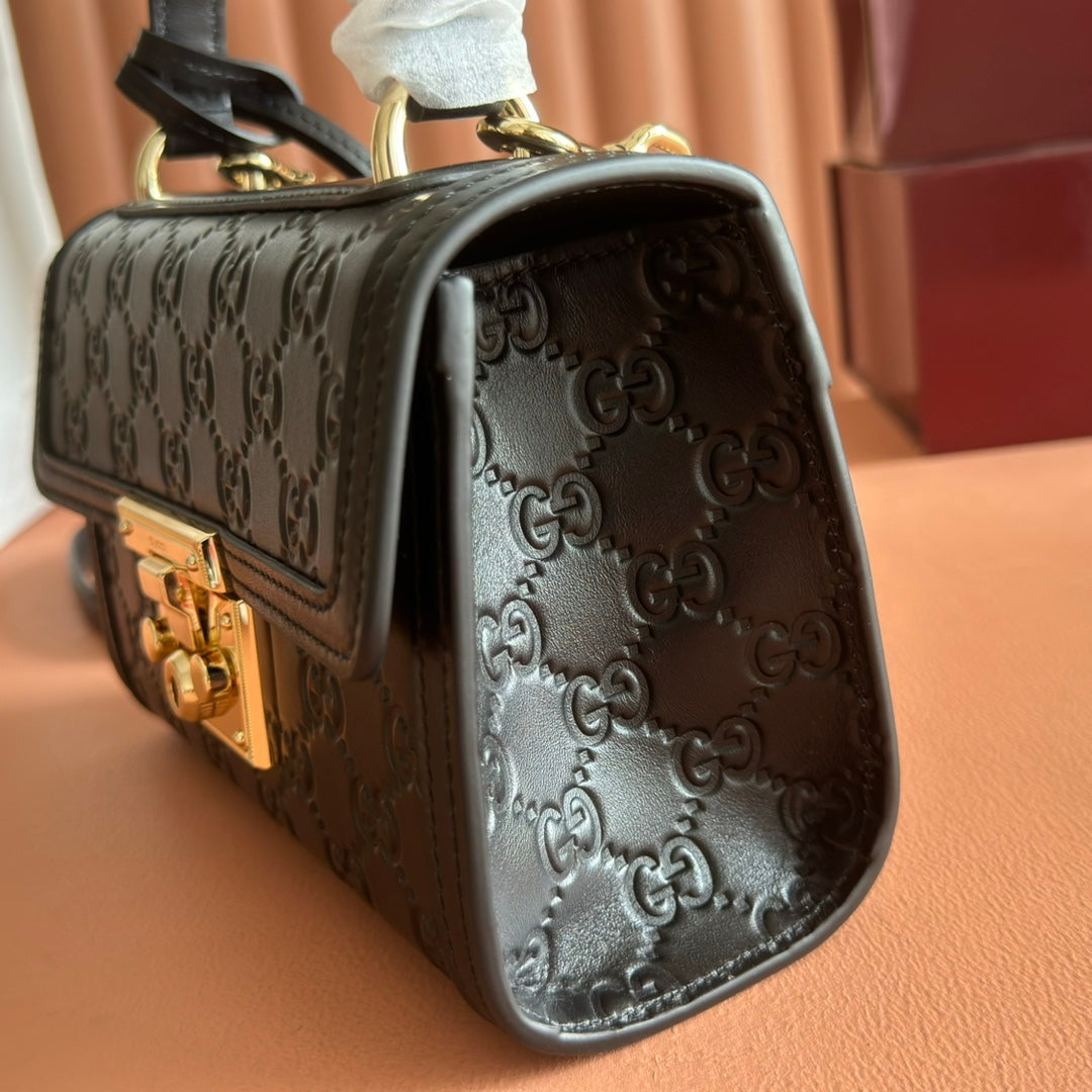 GG Padlock Handbag 20cm Black GG Pattern Leather