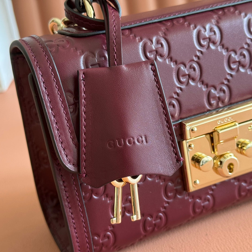 GG Padlock Handbag 20cm Burgundy GG Pattern Leather