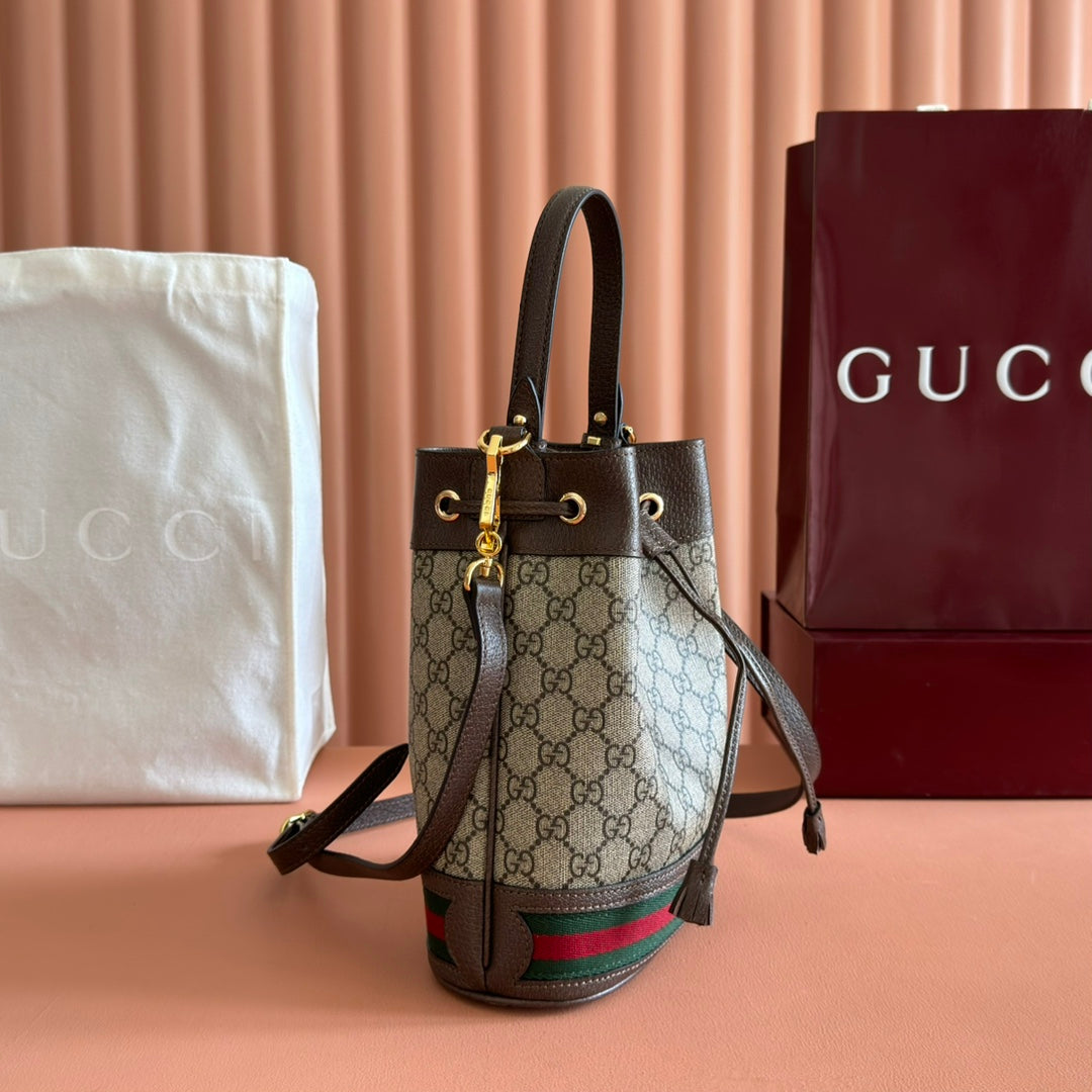 Ophidia Medium Bucket Bag 20.5cm Beige Brown Canvas Leather