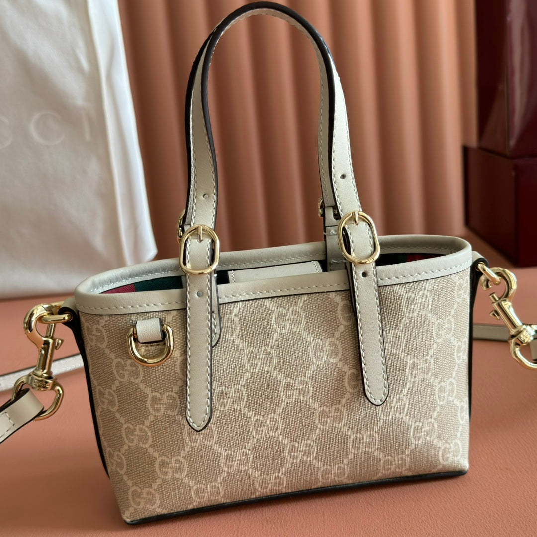 GG Emblem Mini Bag 17.5 Beige & White Fabric