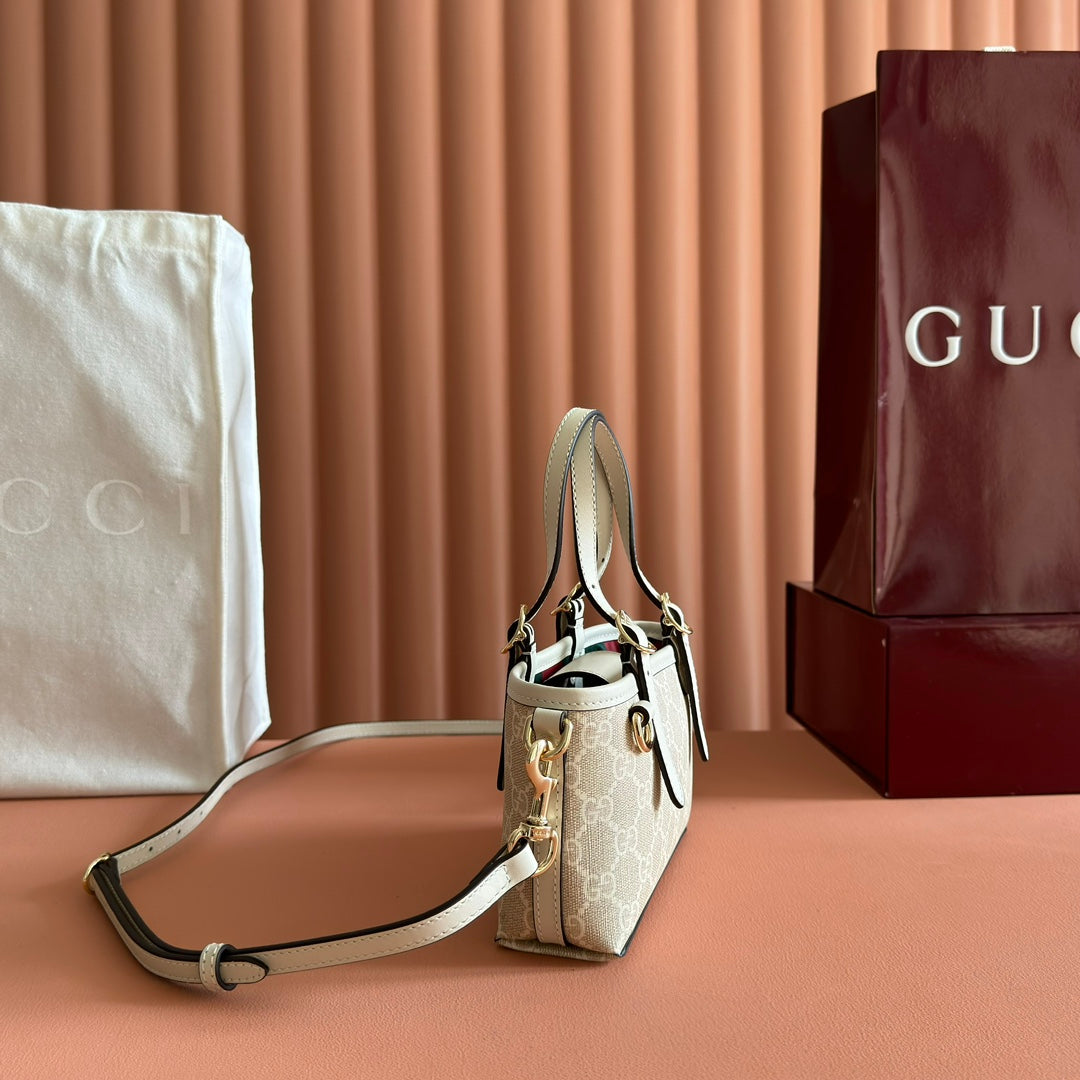 GG Emblem Mini Bag 17.5 Beige & White Fabric