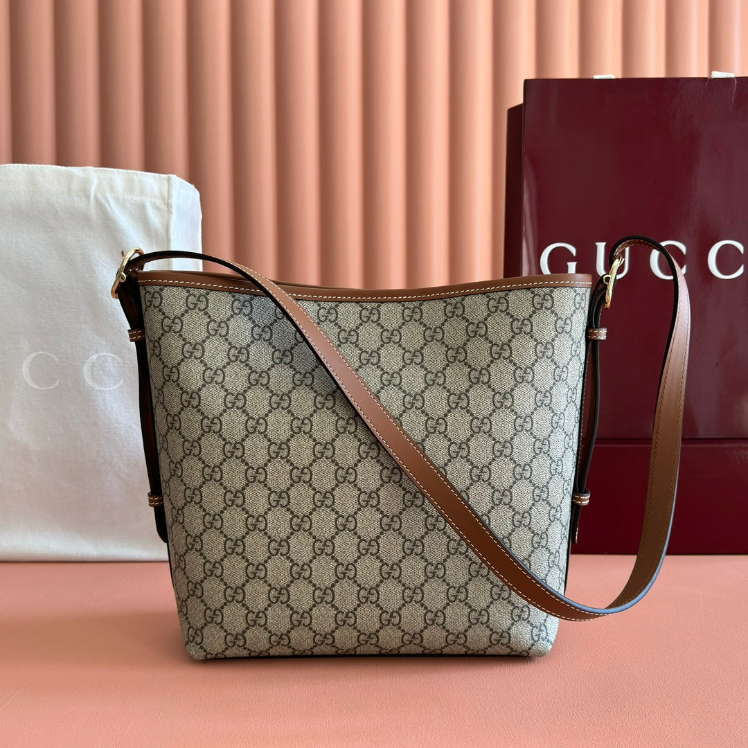 GG Emblem Small Shoulder Bag 24 Beige & Dark Brown Fabric