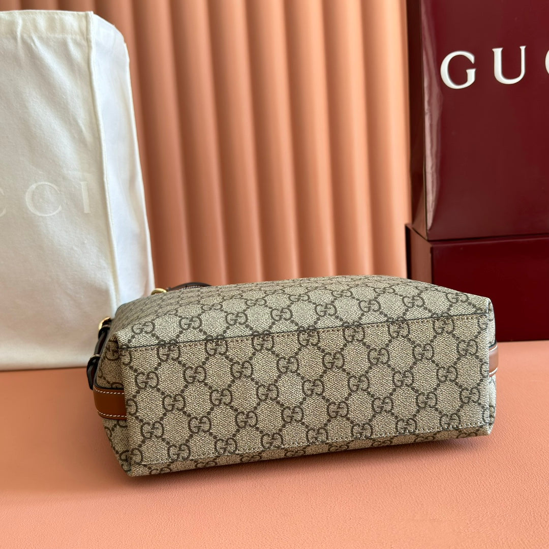 GG Emblem Small Shoulder Bag 24 Beige & Dark Brown Fabric