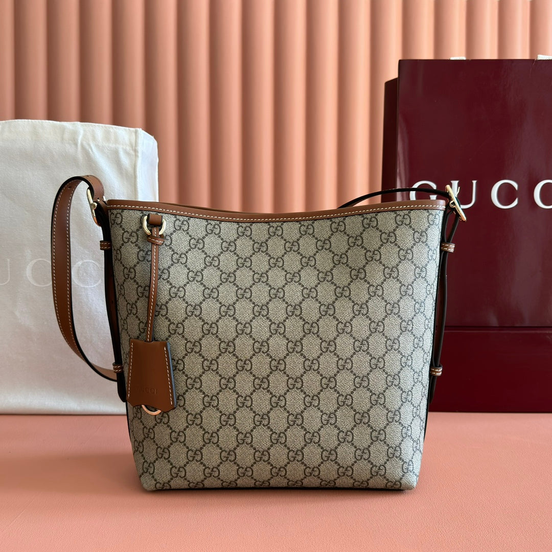 GG Emblem Small Shoulder Bag 24 Beige & Dark Brown Fabric