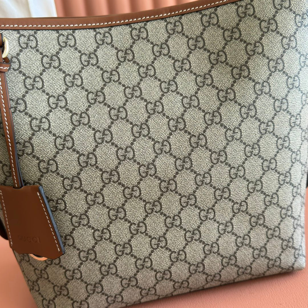 GG Emblem Small Shoulder Bag 24 Beige & Dark Brown Fabric
