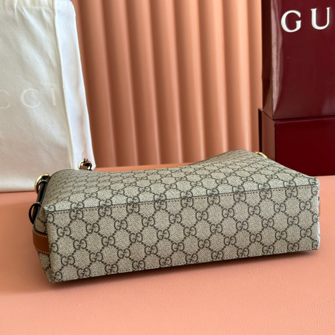 GG Emblem Medium Shoulder Bag 30.5 Beige & Dark Brown Fabric
