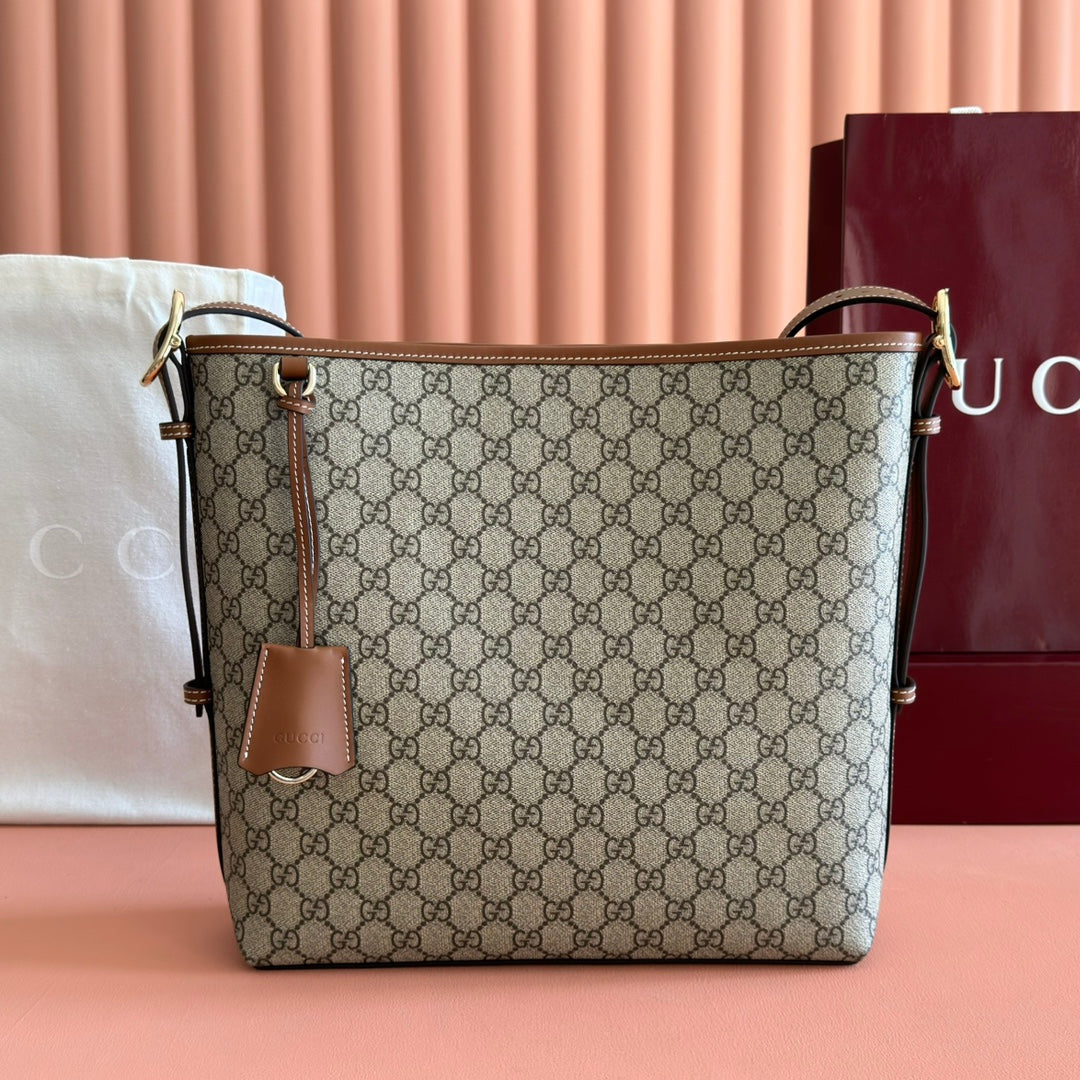 GG Emblem Medium Shoulder Bag 30.5 Beige & Dark Brown Fabric