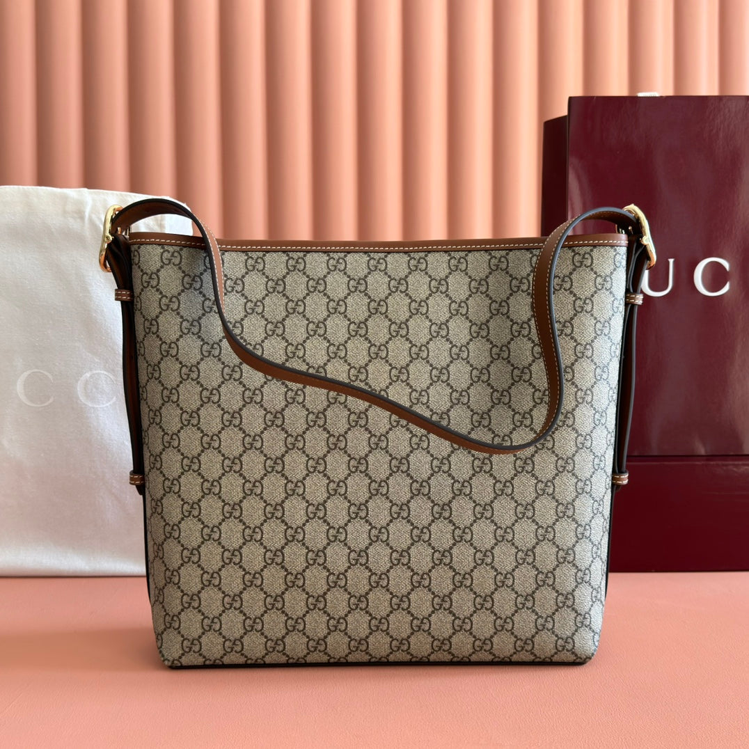 GG Emblem Medium Shoulder Bag 30.5 Beige & Dark Brown Fabric