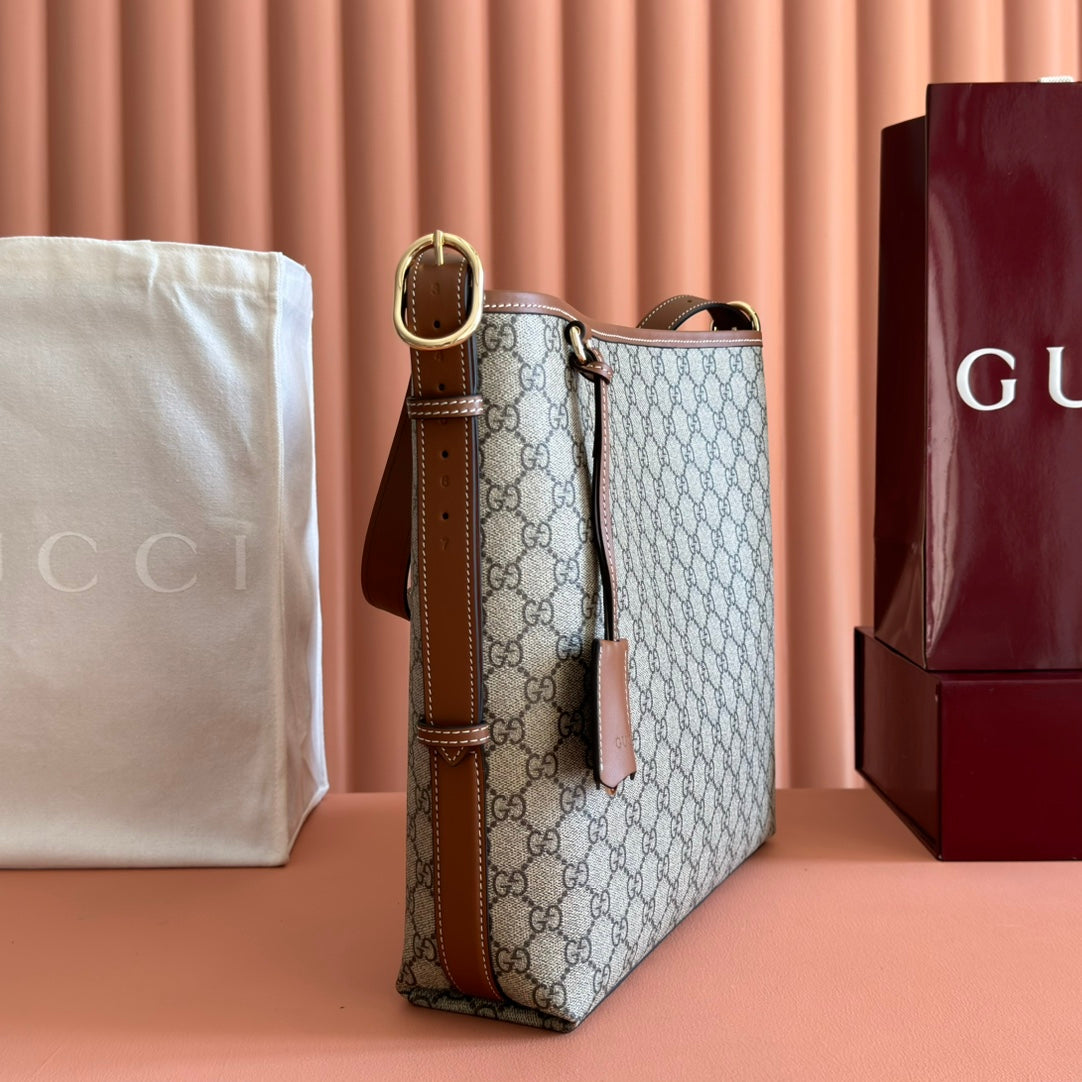 GG Emblem Medium Shoulder Bag 30.5 Beige & Dark Brown Fabric