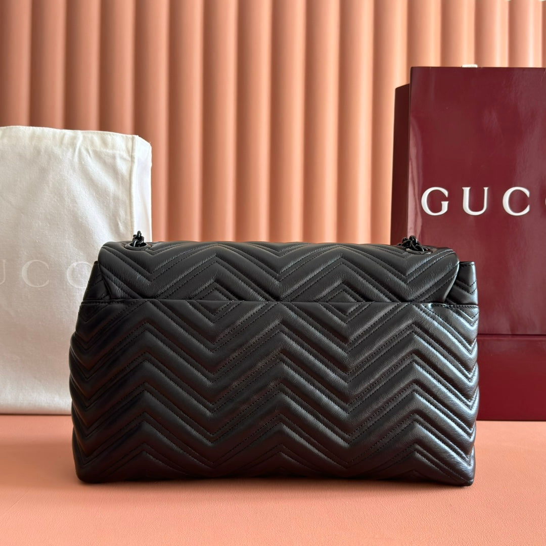 Gucci GG Marmont Large Shoulder Bag Black Matelassé Chevron Leather 273193