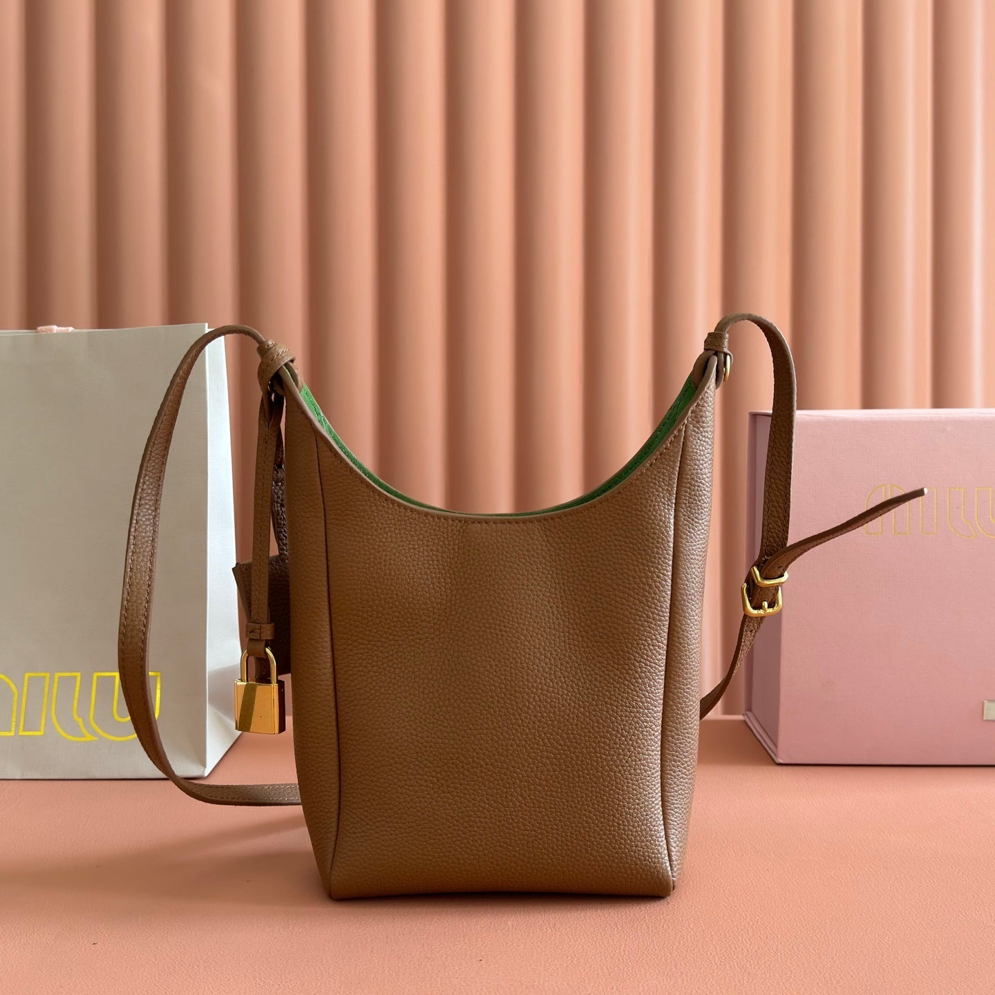Miu Leather Bucket Bag 23cm Brown Grain Cowhide
