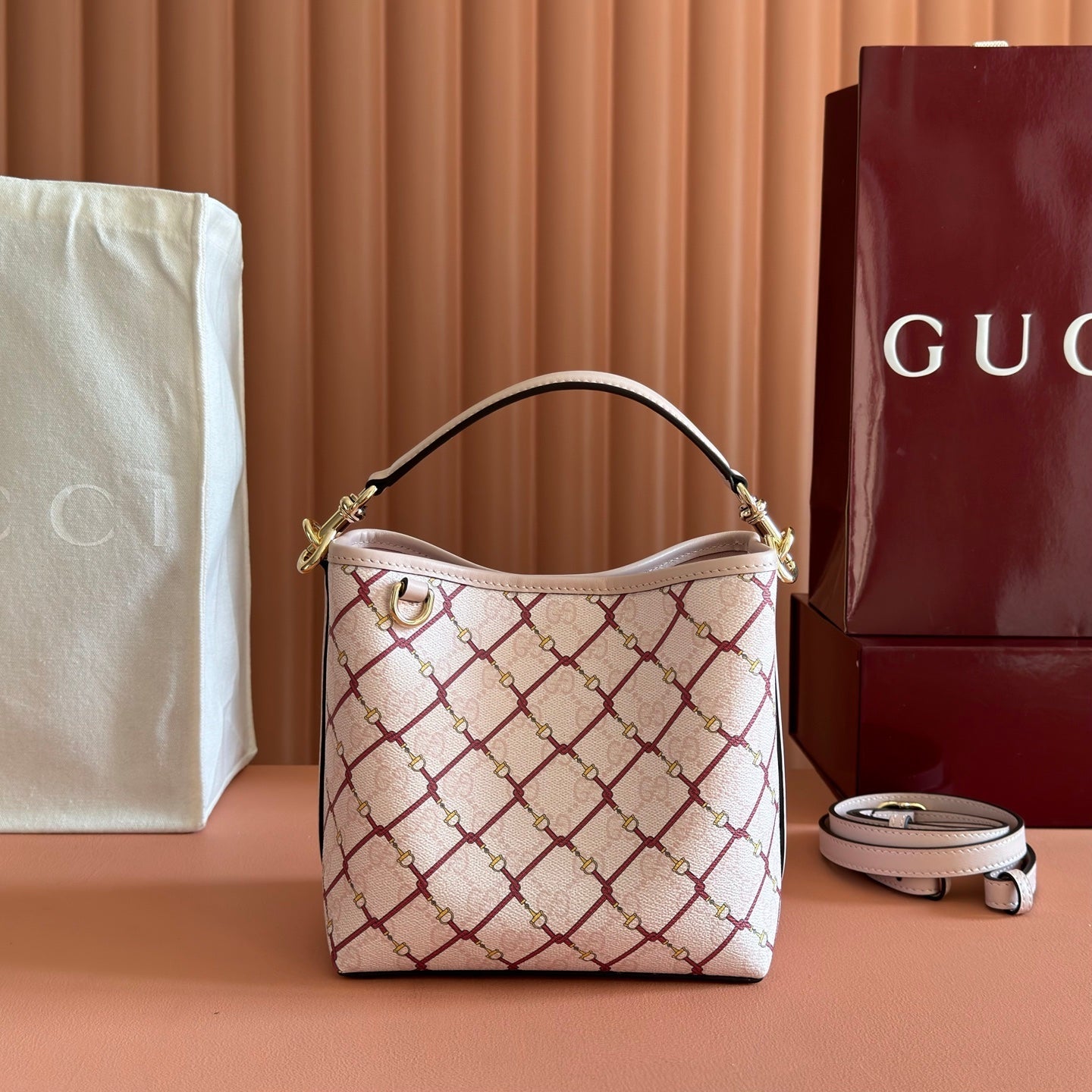 GG Emblem Small Bucket Bag Pink Red GG Fabric