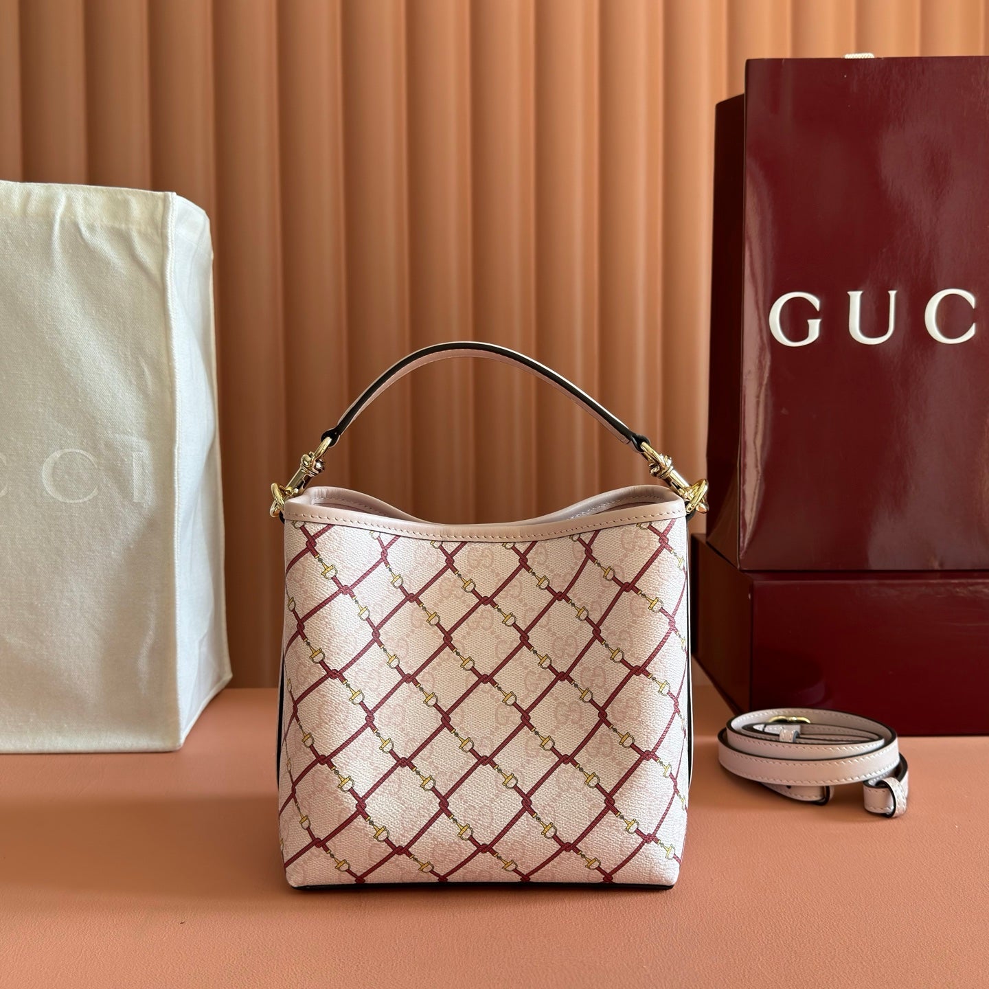 GG Emblem Small Bucket Bag Pink Red GG Fabric
