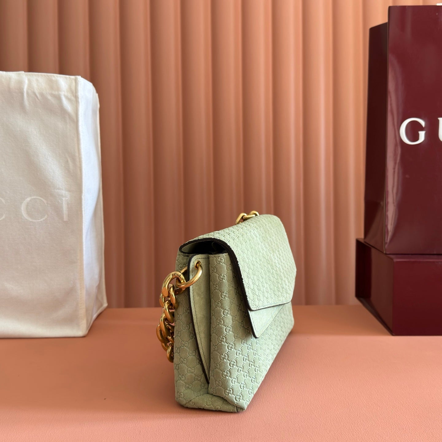 GG Medium Shoulder Bag With Chain Light Olive Green GG Suede