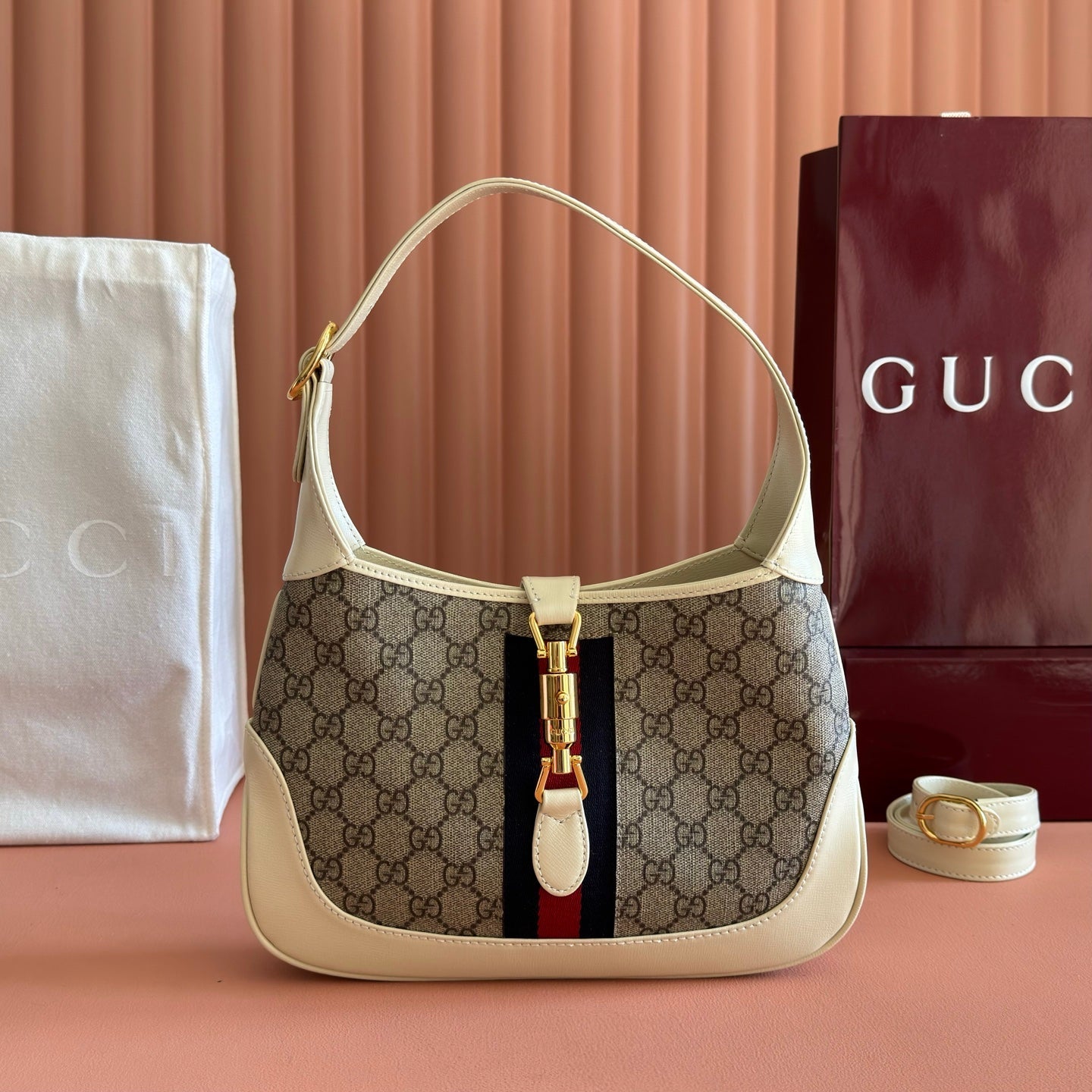 GG Jackie 1961 Small Shoulder Bag Beige Brown Calfskin Canvas 280970