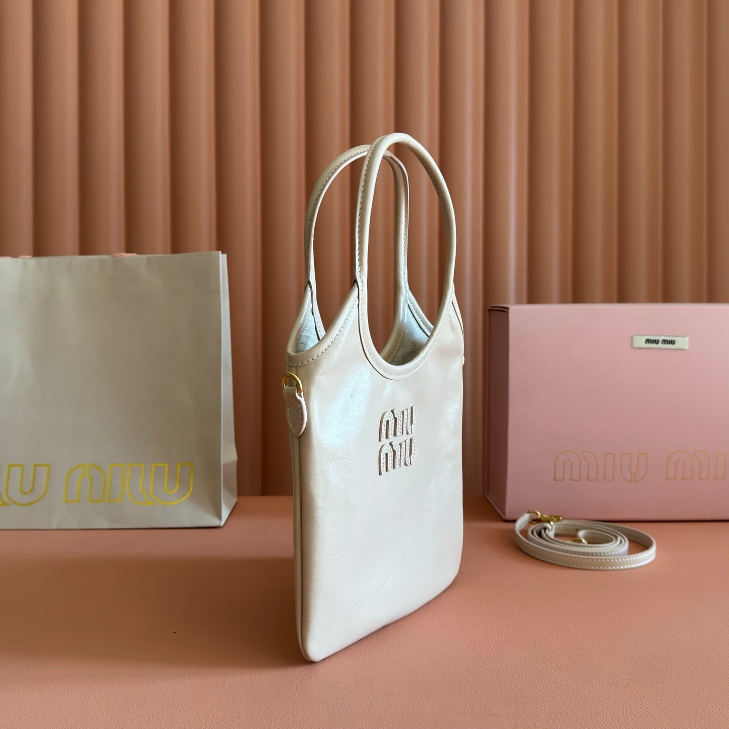 Miu IVY Handbag Light Beige Leather 280984