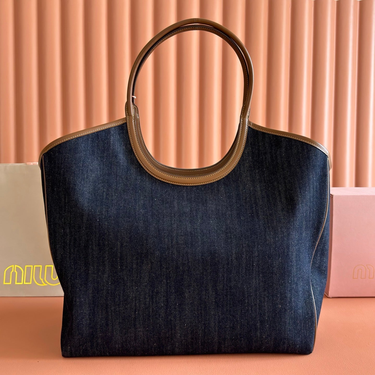 Miu Ivy Tote 40cm Blue Denim Leather 285378
