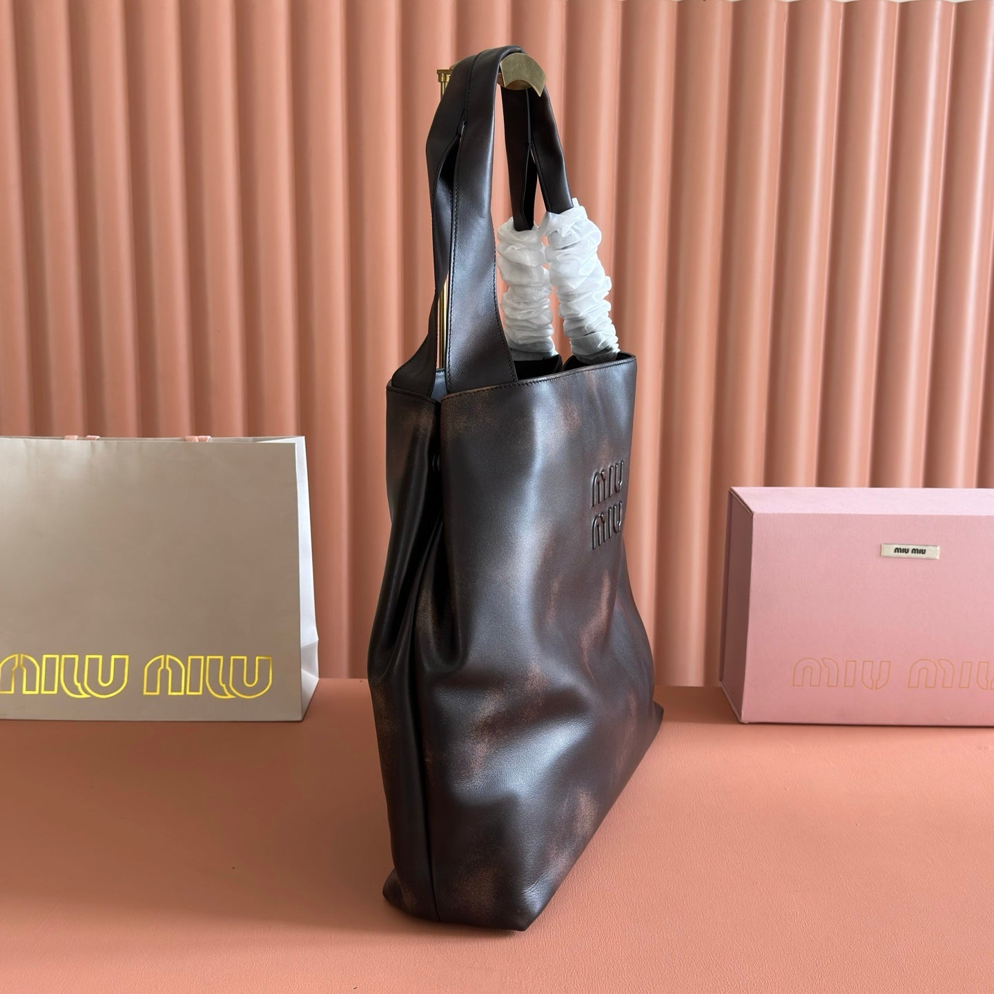 Miu Logo-Embossed Tote Bag Coffee Leather