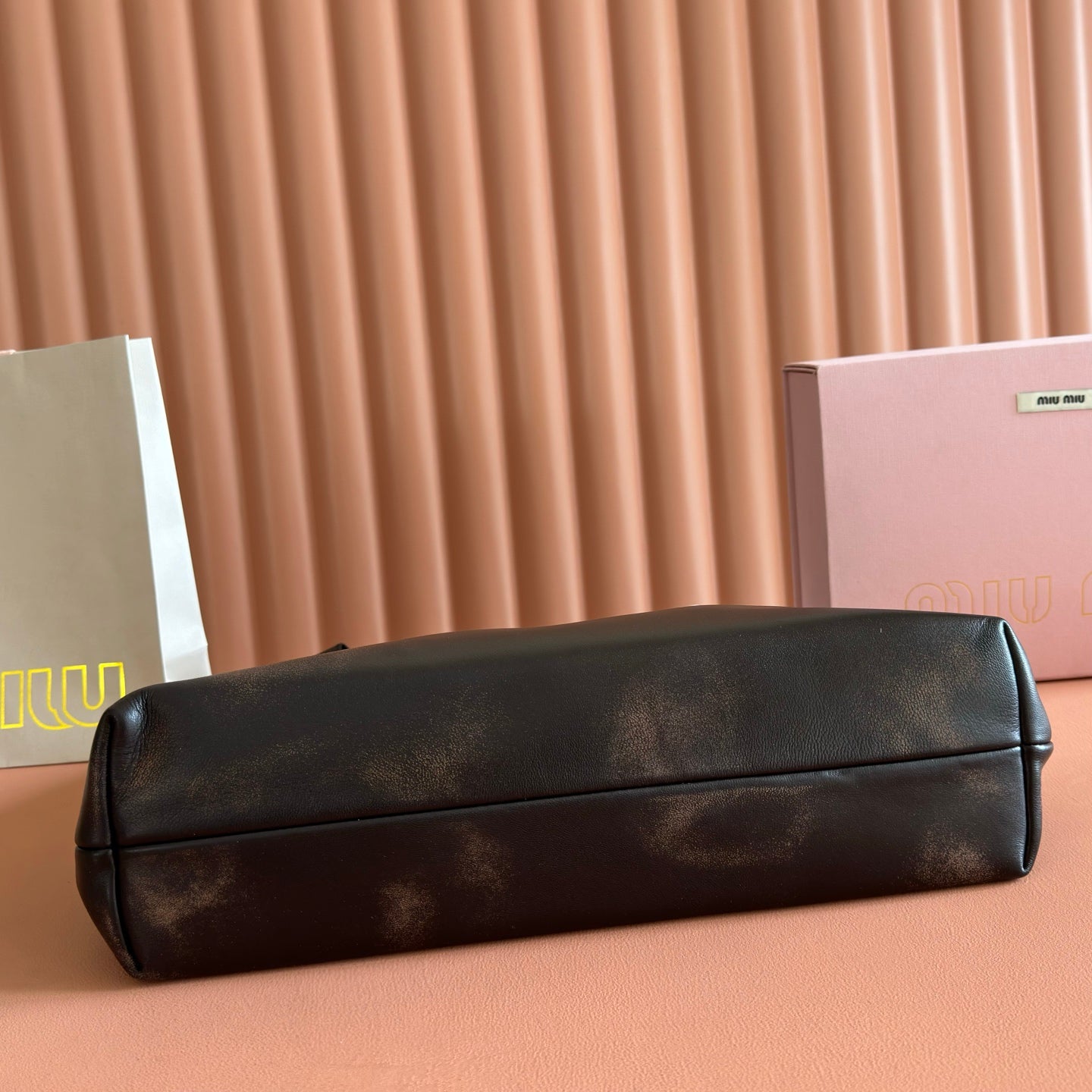 Miu Logo-Embossed Tote Bag Coffee Leather