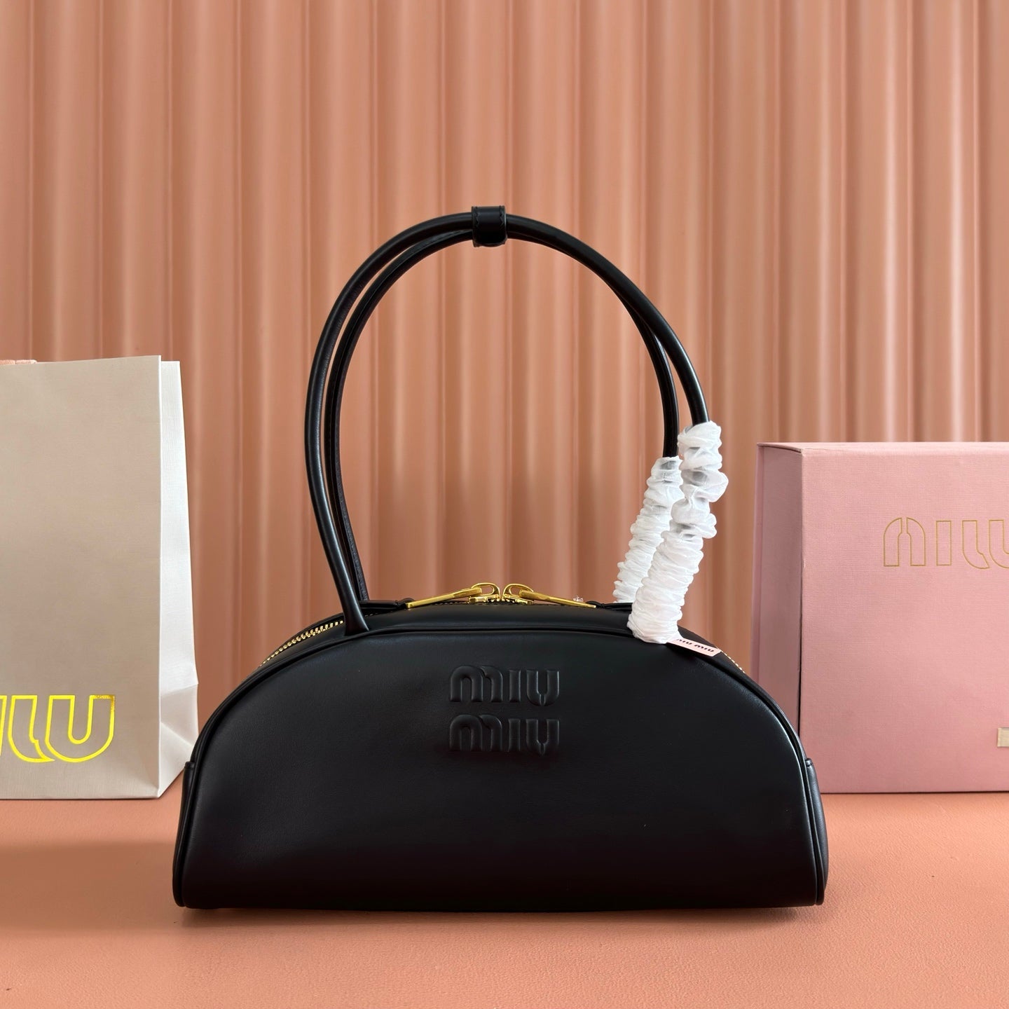 Miu Beau Semi-Circular Bowling Bag Black Leather
