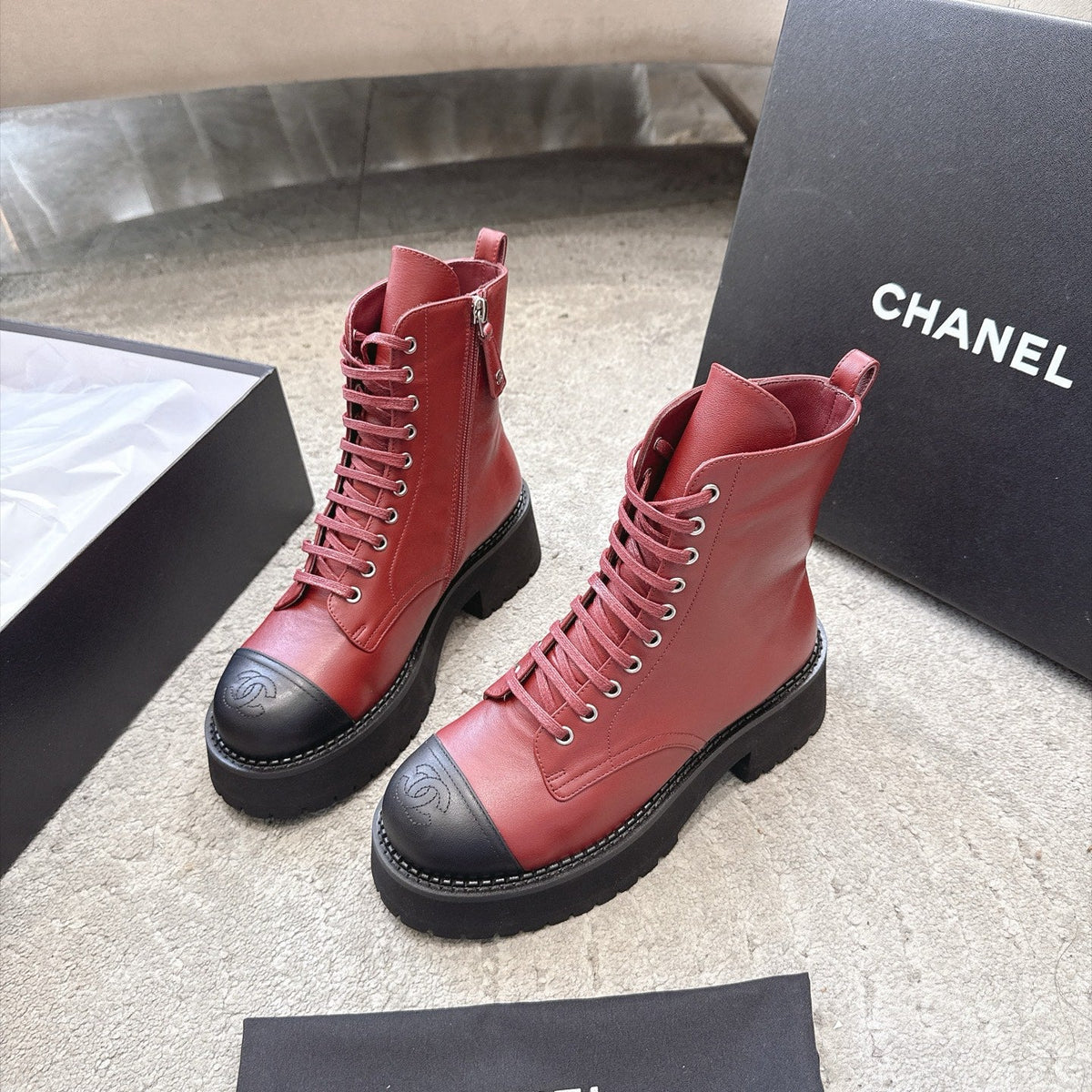 Chanel 26s Boots 5cm Burgundy Black Leather 188097