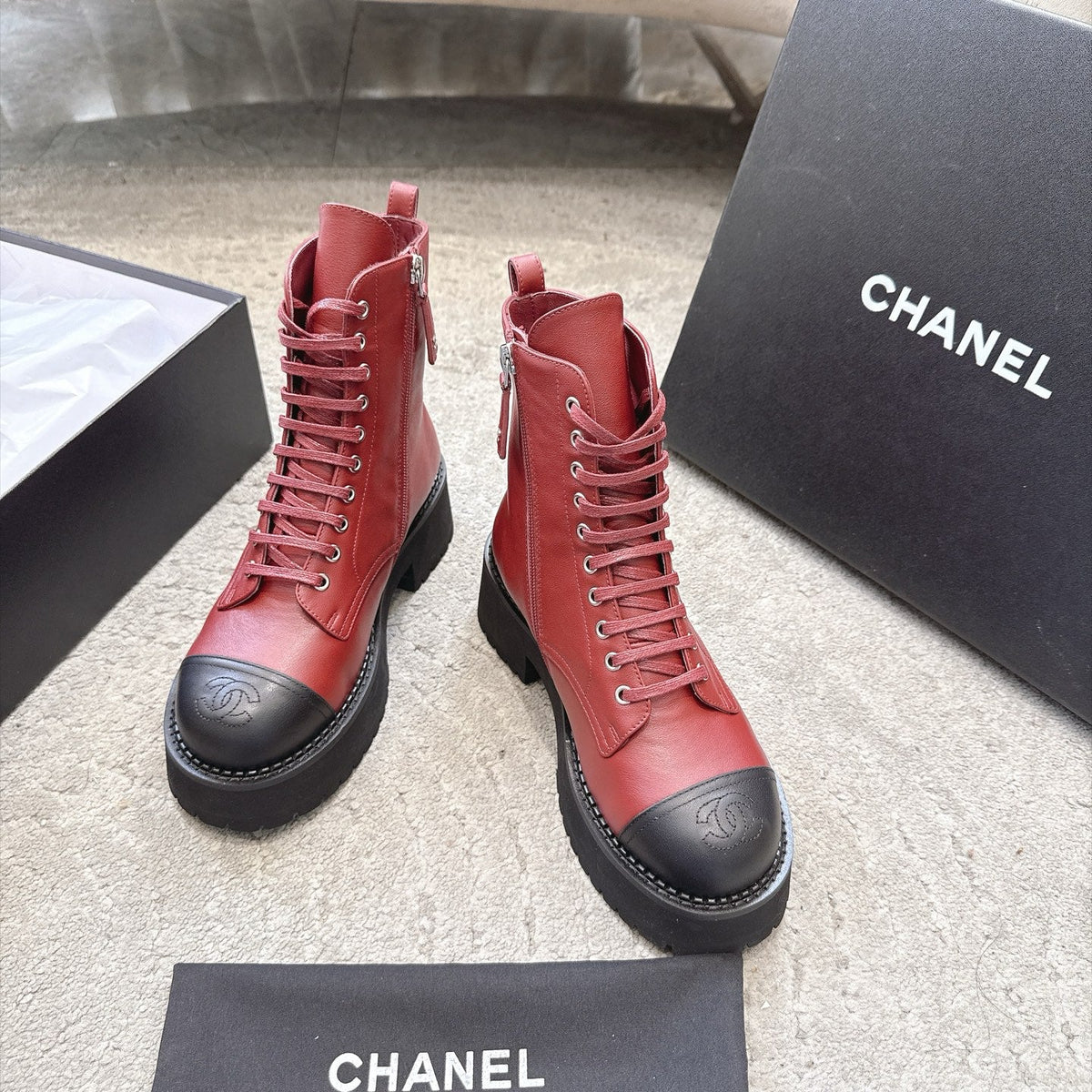 Chanel 26s Boots 5cm Burgundy Black Leather 188097