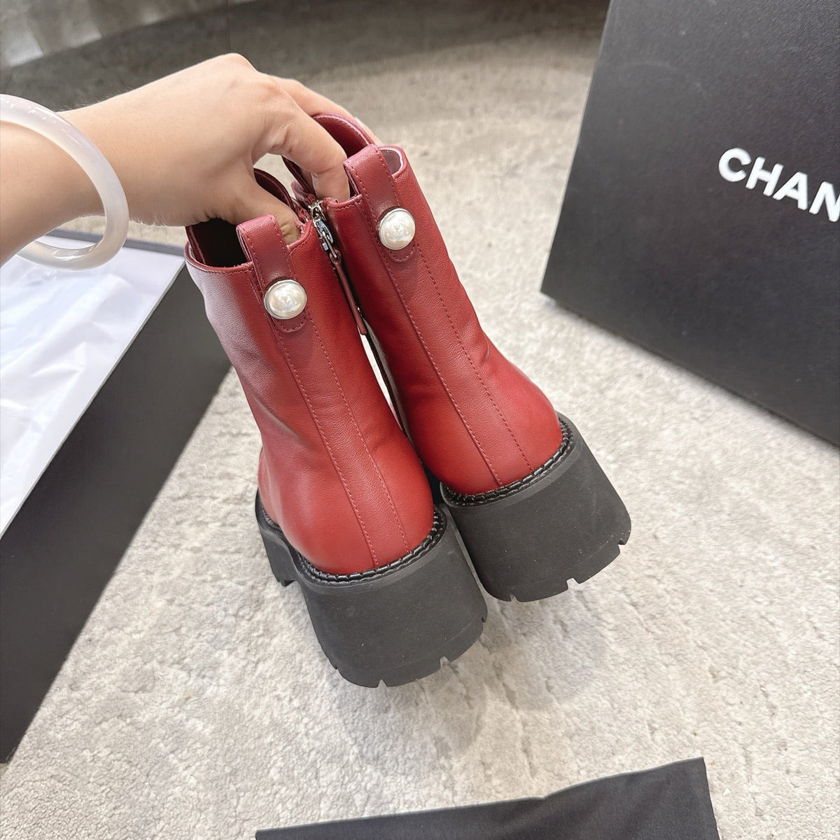 Chanel 26s Boots 5cm Burgundy Black Leather 188097
